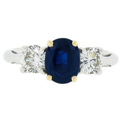 Platinum & 18k Gold SSEF Oval Sapphire & Round Diamond 3 Stone Engagement Ring
