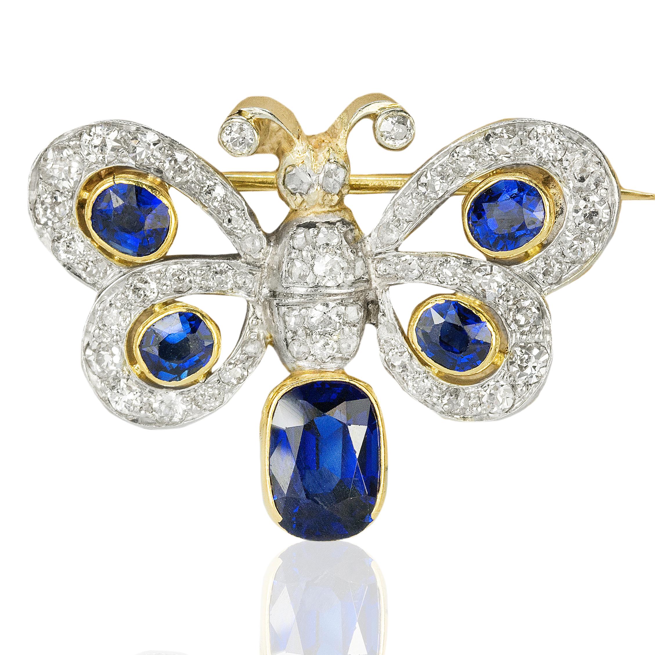 Platinum & 18k Gold Antique Sapphire and Diamond Butterfly Brooch AGL & GIA certified no heat sapphires.