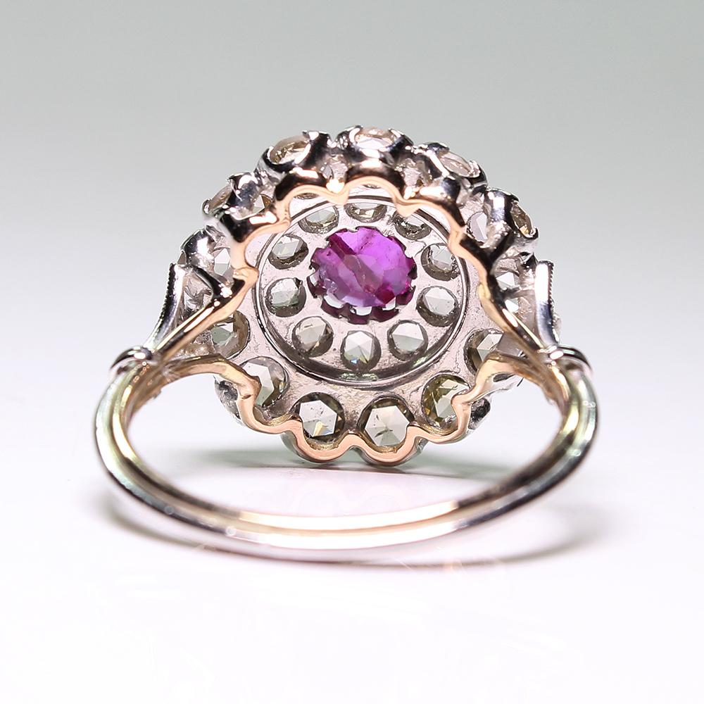 Platin & 18 Karat viktorianischer Vintage-Diamantring mit antikem Rubin und Diamant im Rosenschliff Damen