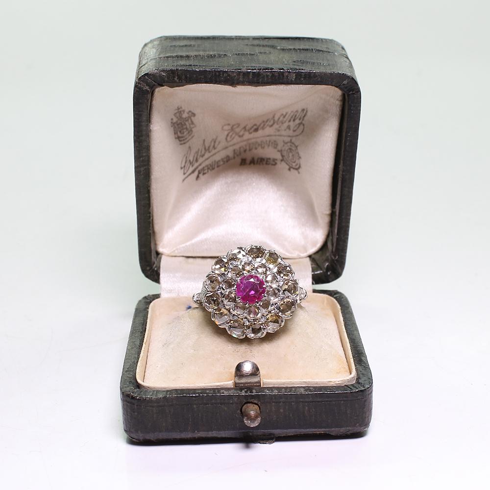 Women's Platinum & 18K Victorian Estate Vintage Antique Ruby and Rose Cut Diamond Ring