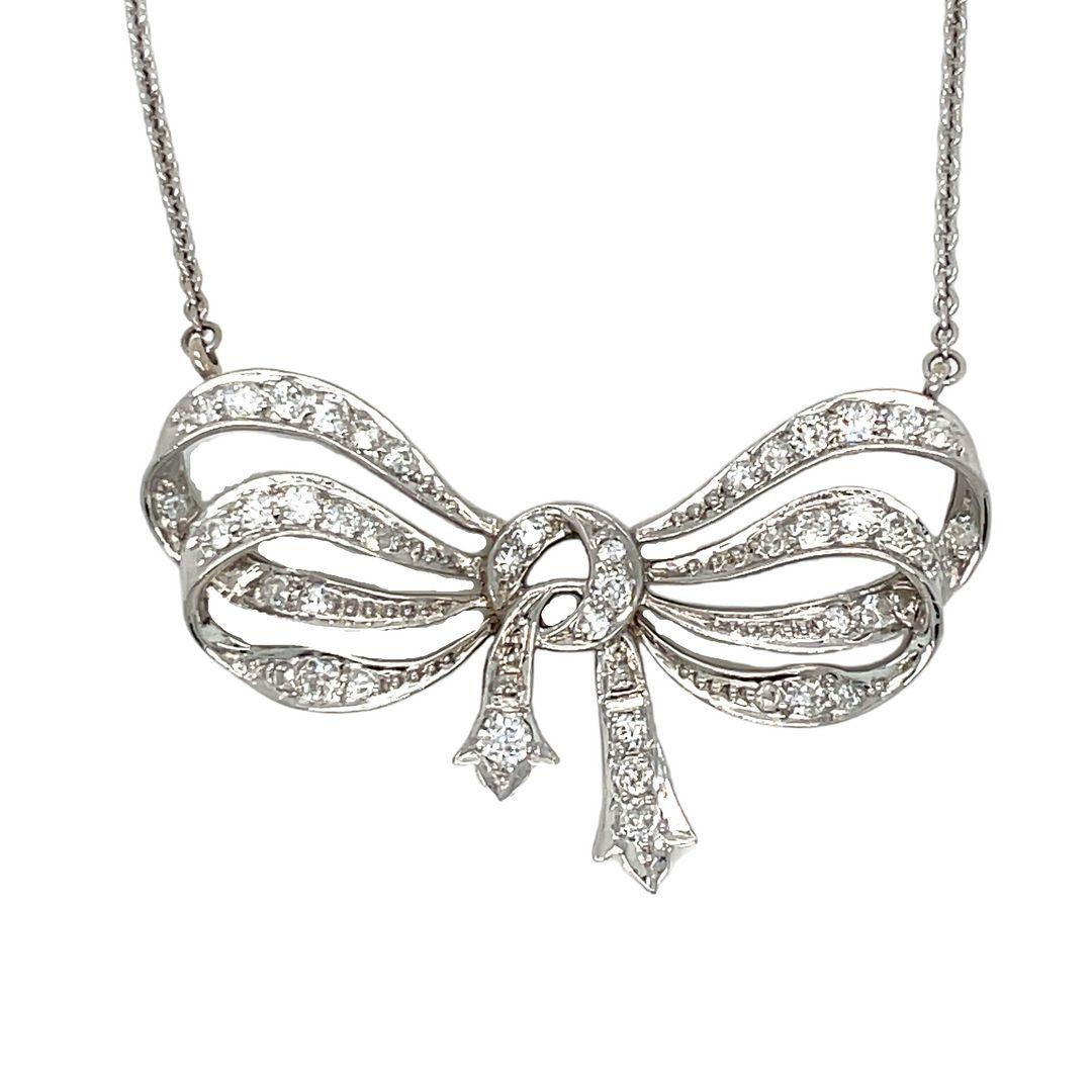 Art Deco Platinum/ 18K White Gold Antique Cut Diamond Bow Ribbon Necklace Pendant  For Sale
