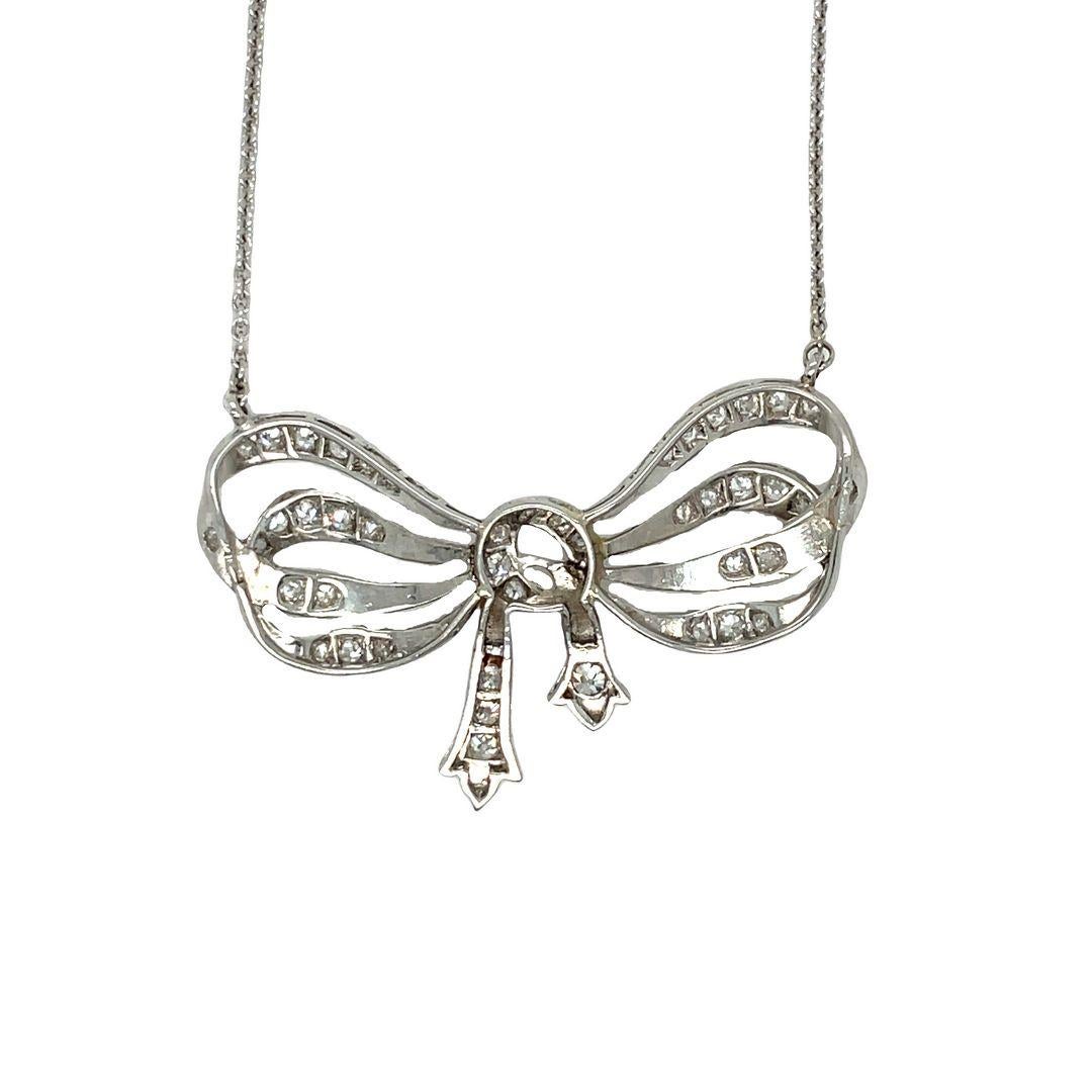 Rose Cut Platinum/ 18K White Gold Antique Cut Diamond Bow Ribbon Necklace Pendant  For Sale