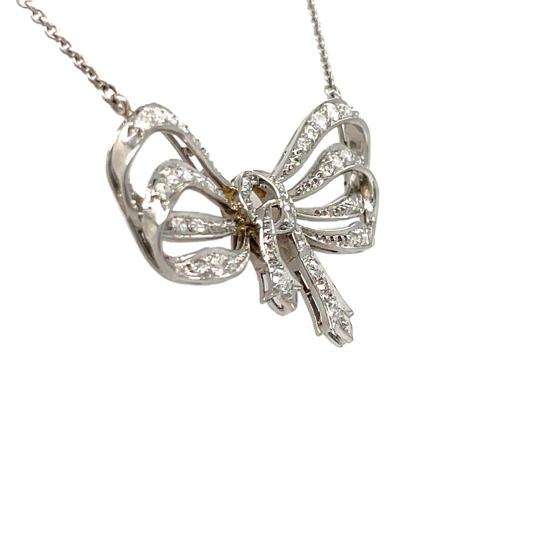 Women's Platinum/ 18K White Gold Antique Cut Diamond Bow Ribbon Necklace Pendant  For Sale