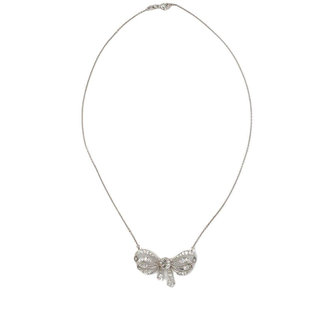 Platinum/ 18K White Gold Antique Cut Diamond Bow Ribbon Necklace Pendant  For Sale 1