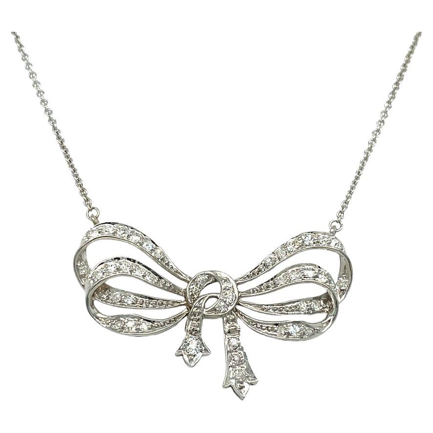 Platinum/ 18K White Gold Antique Cut Diamond Bow Ribbon Necklace Pendant 