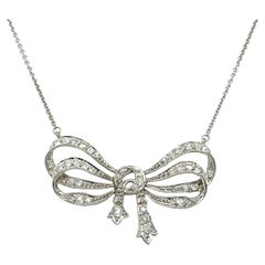 Platinum/ 18K White Gold Antique Cut Diamond Bow Ribbon Necklace Pendant 