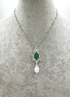 Platinum & 18K White Gold Pearl, Emerald, and Diamond Drop Necklace