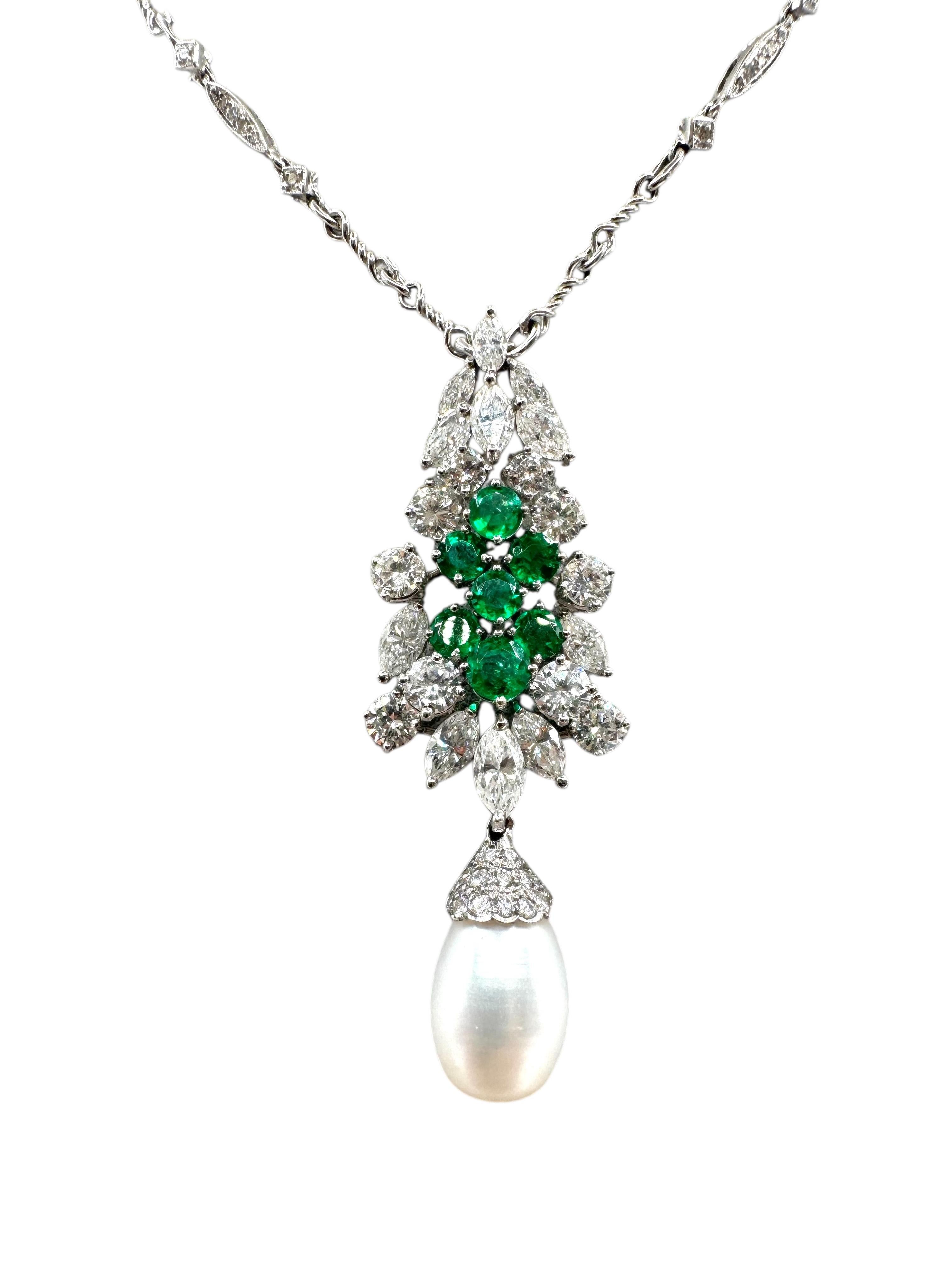 Collier de perles, d'émeraudes et de diamants en platine et en or blanc 18K Unisexe en vente