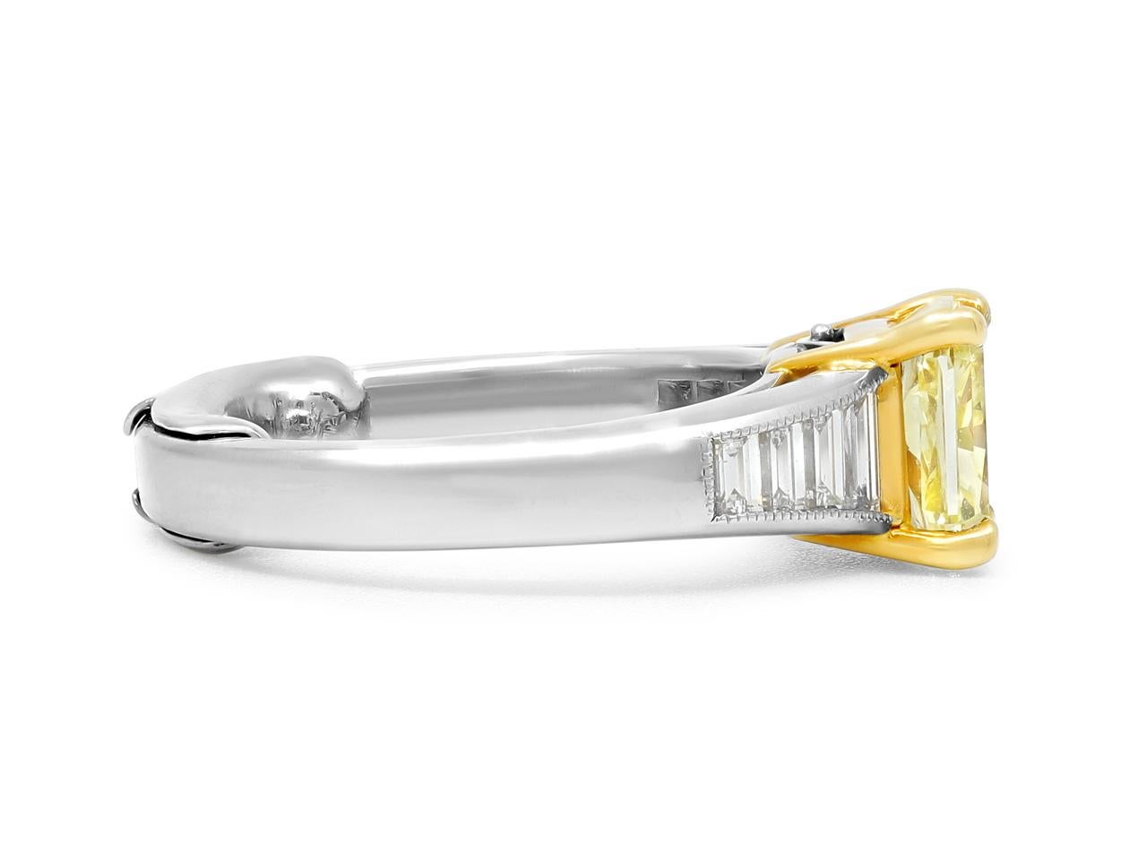 Women's Platinum & 18K Yellow Gold 1.68ct Fancy Intense Yellow Radiant Cut Diamond Ring For Sale
