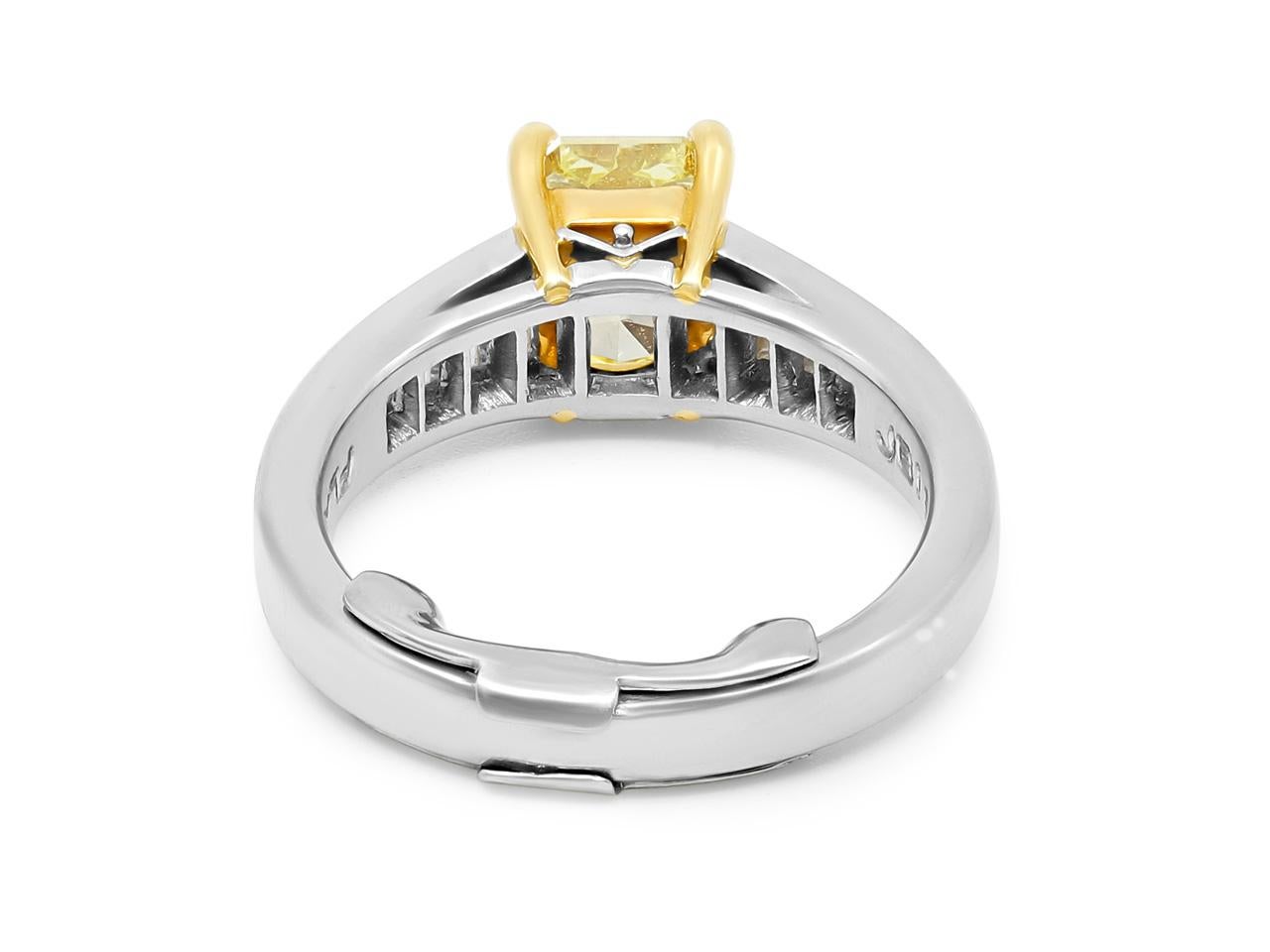 Platinum & 18K Yellow Gold 1.68ct Fancy Intense Yellow Radiant Cut Diamond Ring For Sale 1
