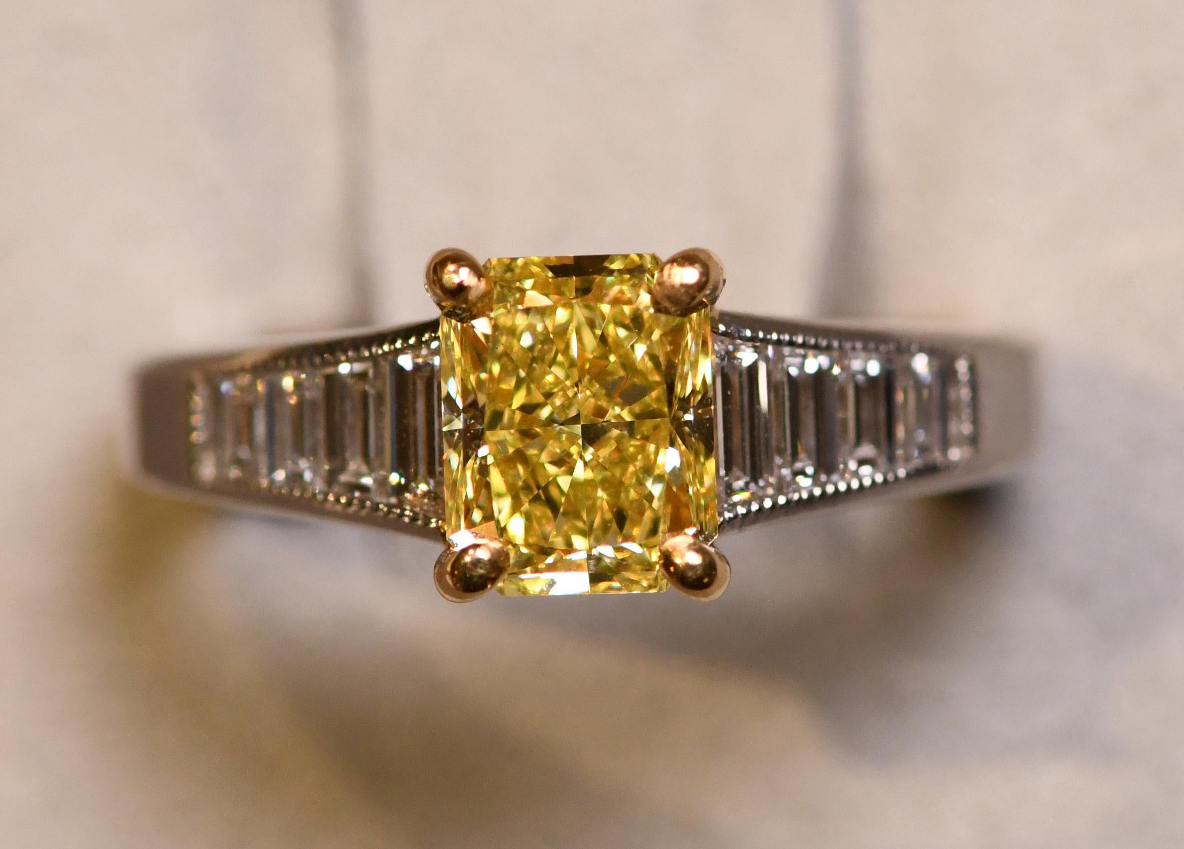 Platinum & 18K Yellow Gold 1.68ct Fancy Intense Yellow Radiant Cut Diamond Ring For Sale 2