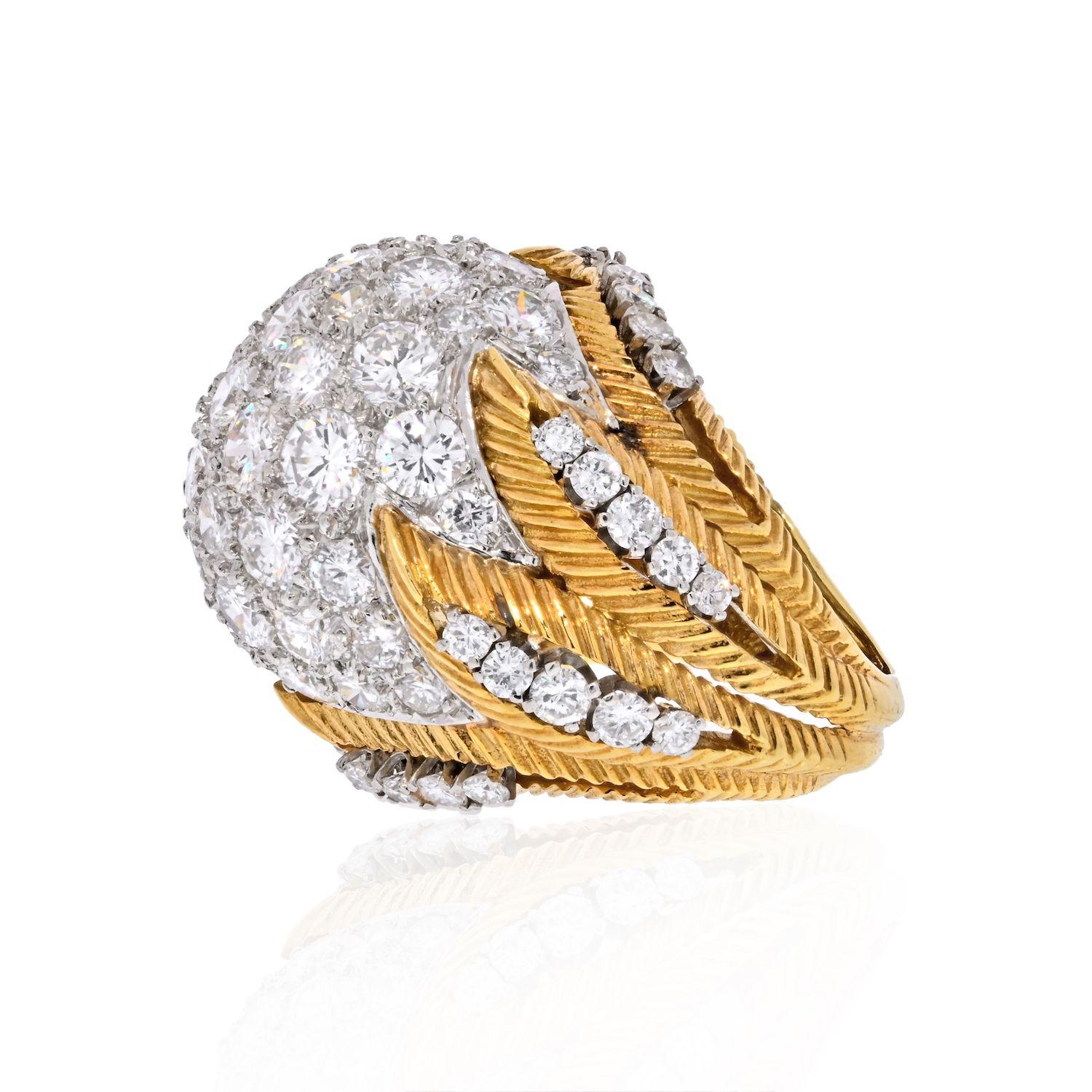 Modern Platinum & 18K Yellow Gold 1950's Cluster 8.50cts Diamond Dome Ring For Sale
