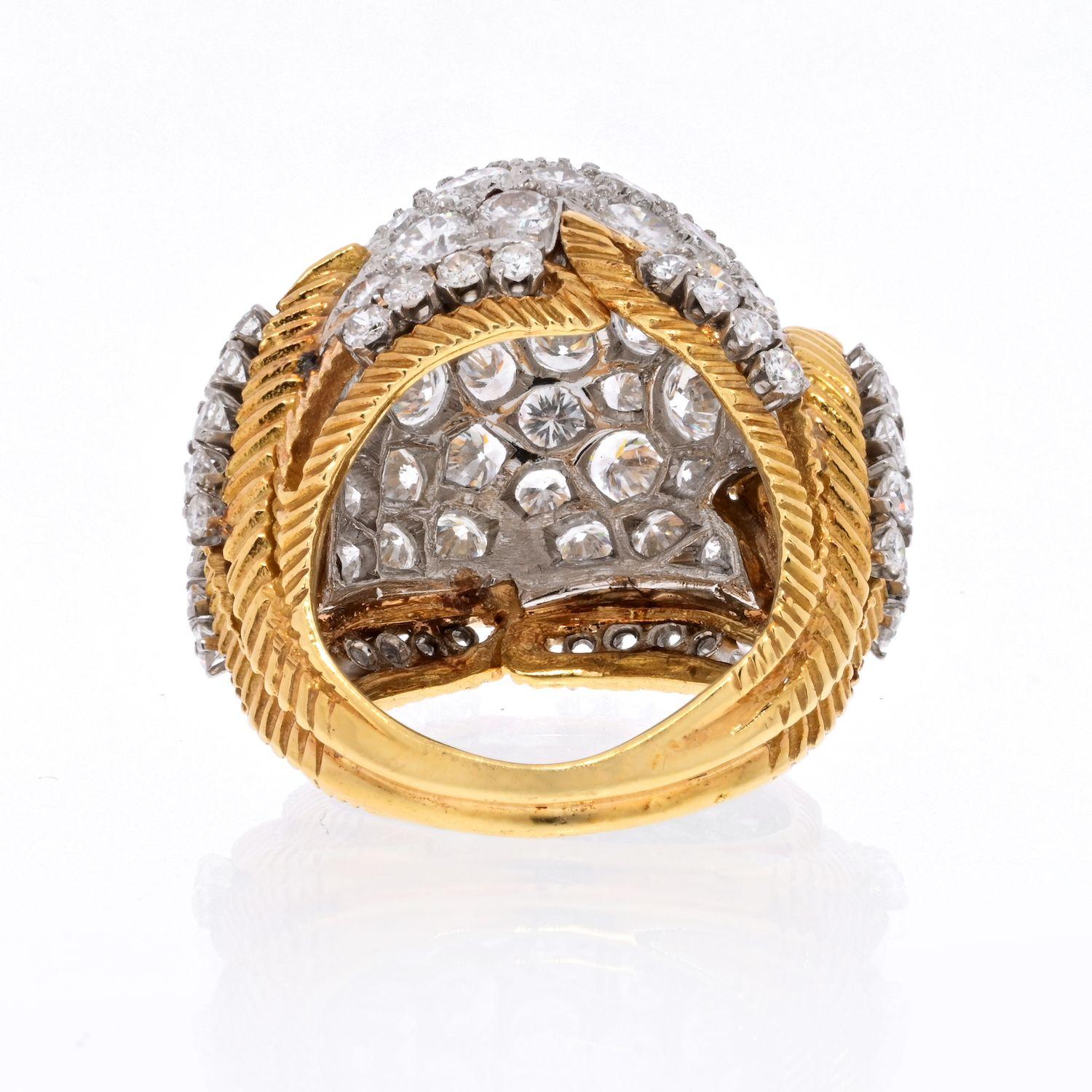 Round Cut Platinum & 18K Yellow Gold 1950's Cluster 8.50cts Diamond Dome Ring For Sale