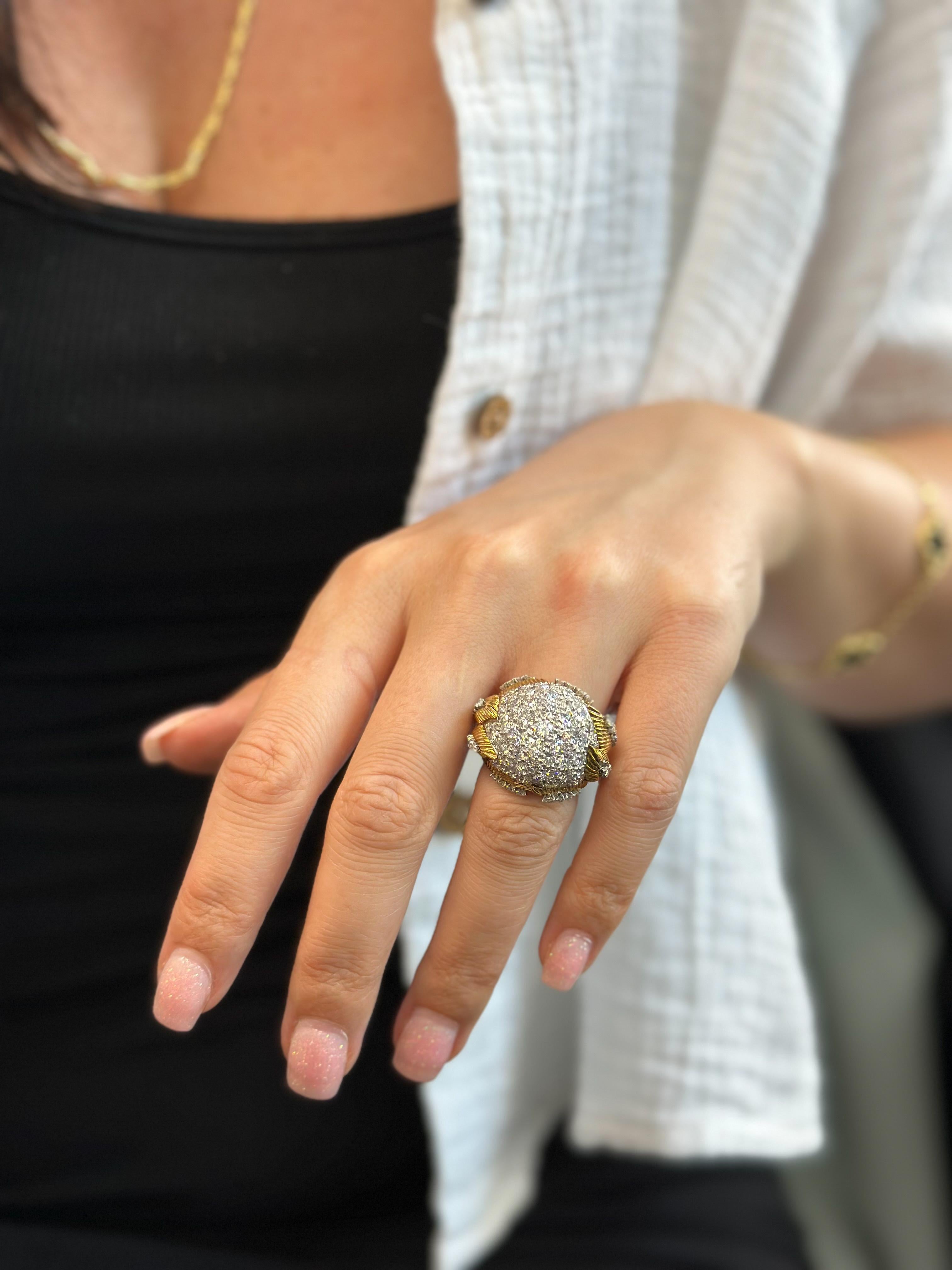 Platinum & 18K Yellow Gold 1950's Cluster 8.50cts Diamond Dome Ring For Sale 1