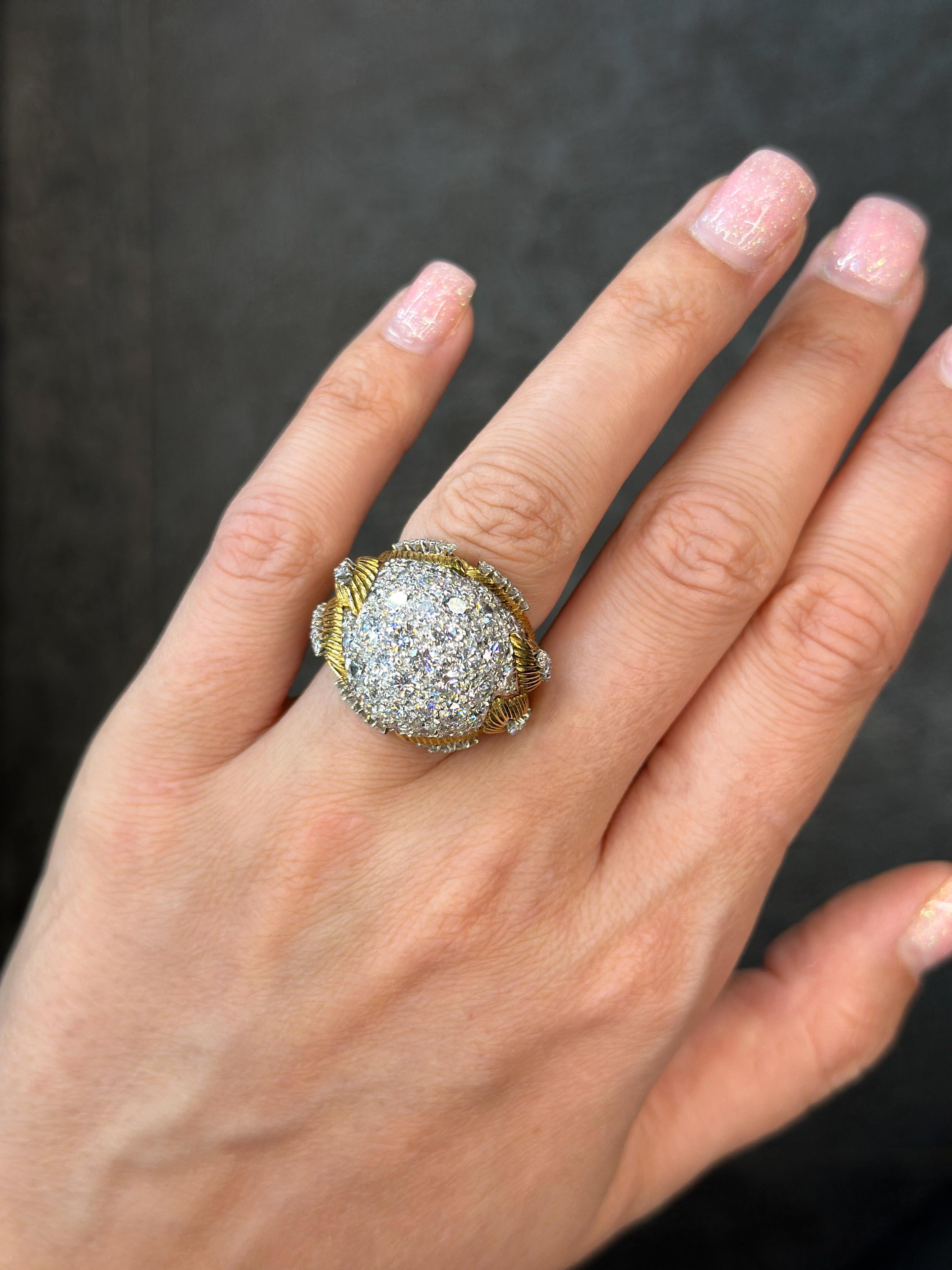 Platinum & 18K Yellow Gold 1950's Cluster 8.50cts Diamond Dome Ring For Sale 2