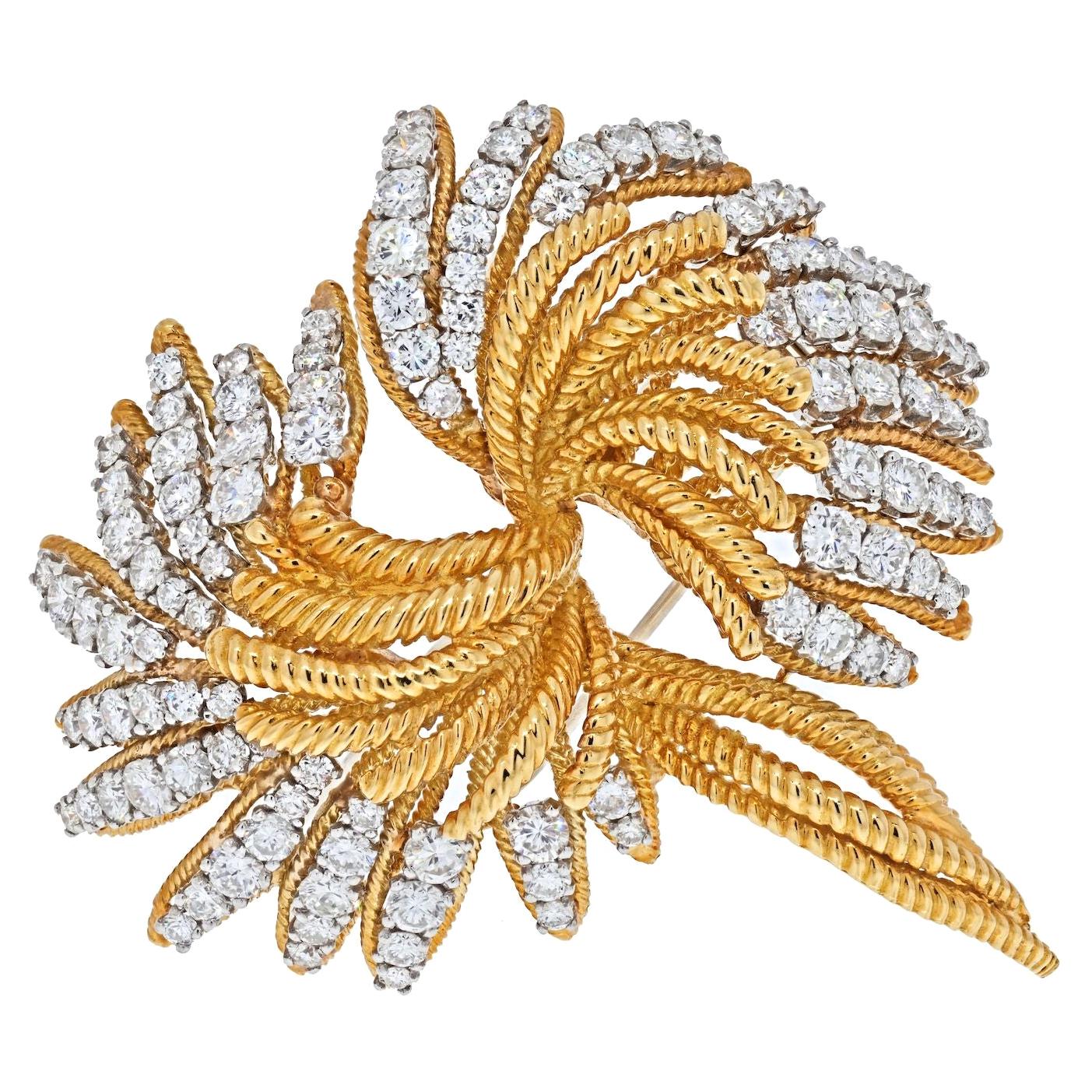 Platinum & 18k Yellow Gold 1960's Spray of Diamonds 8.50cts Fluted Brooch For Sale