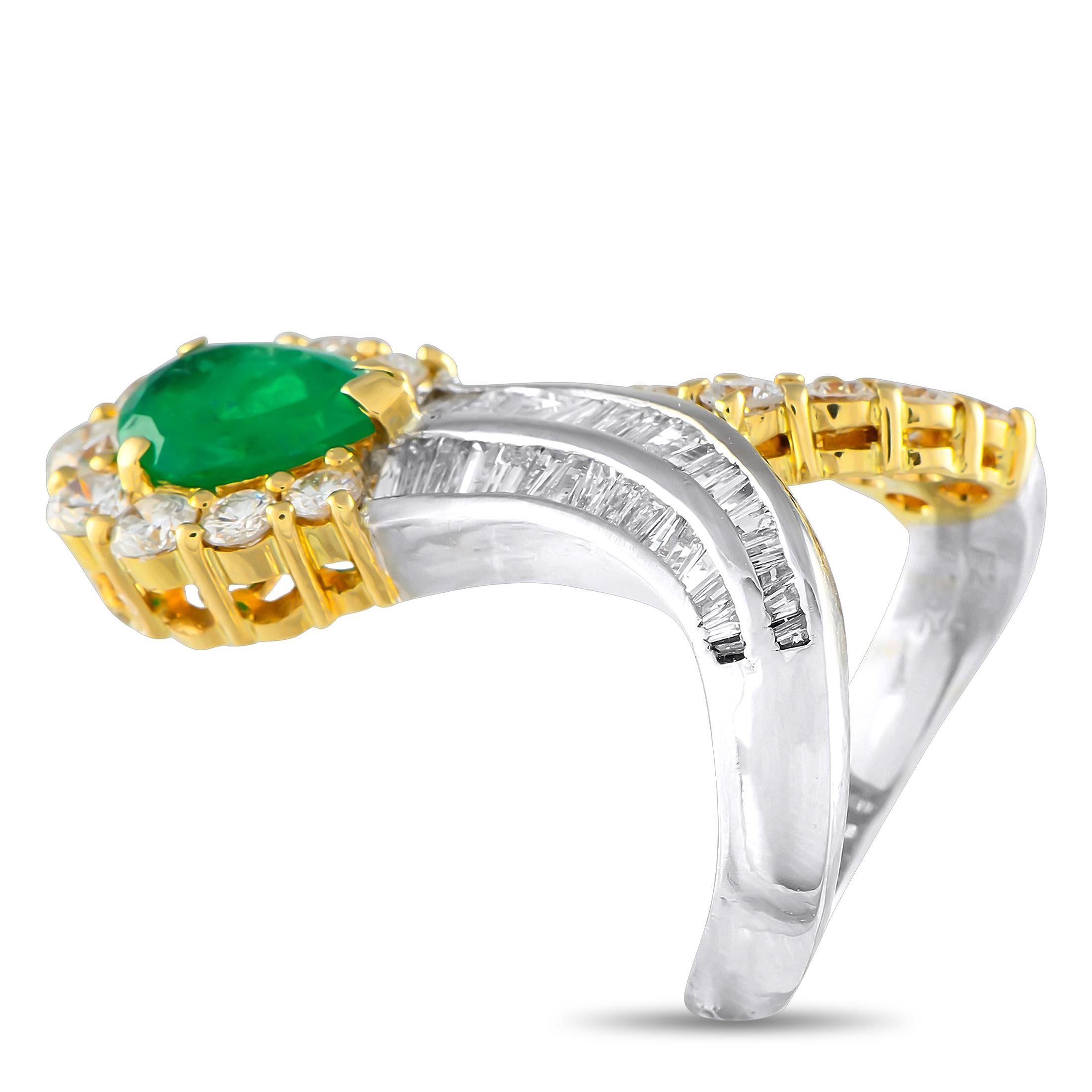 This luxury ring is nothing short of breathtaking. Diamonds with a total weight of 2.62 carats highlight the uniquely design setting, which beautifully combines 18K Yellow Gold and Platinum. A 2.04 carat pear-shaped Emerald center stone provides the