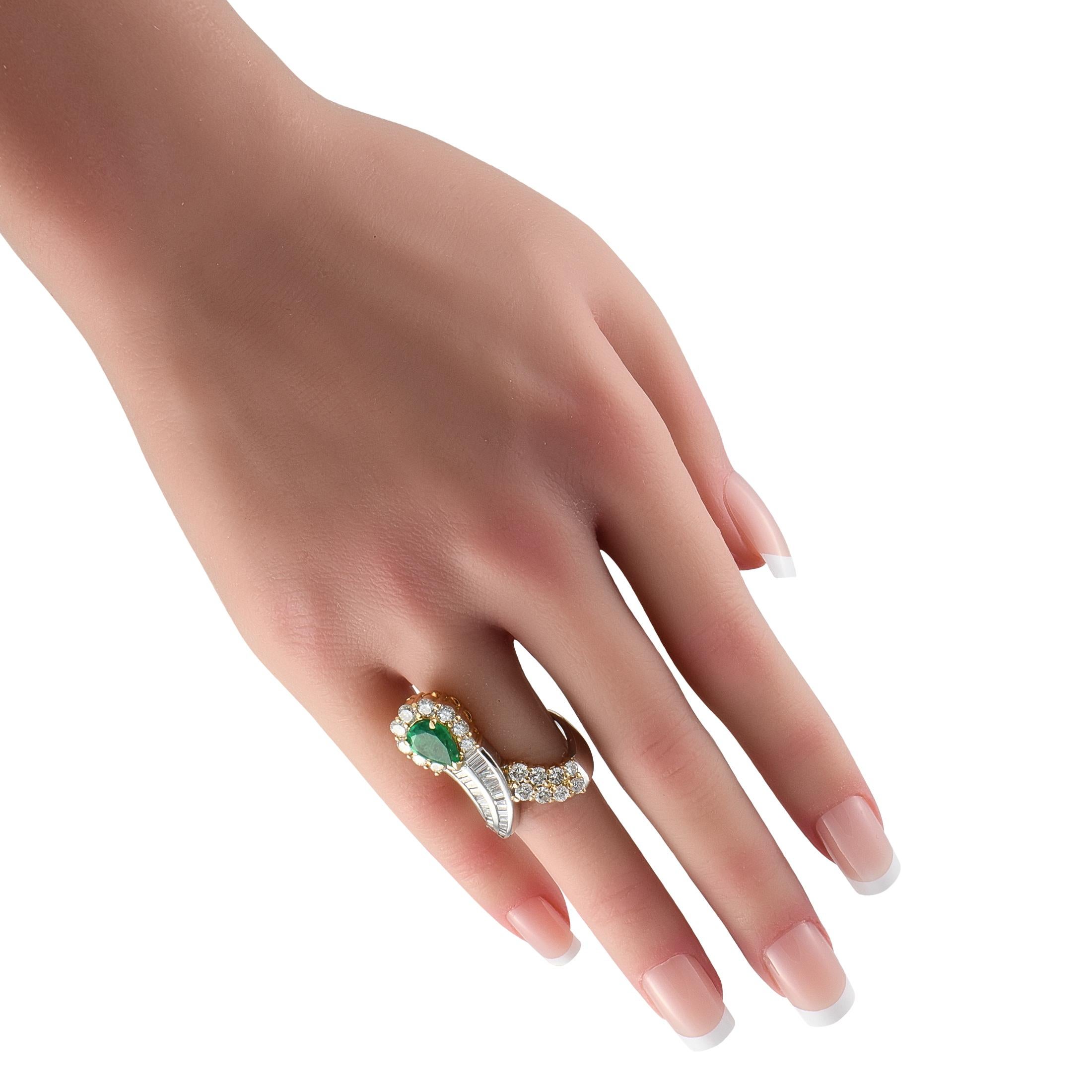 Baguette Cut Platinum, 18K Yellow Gold 2.62ct Diamond and Emerald Ring For Sale
