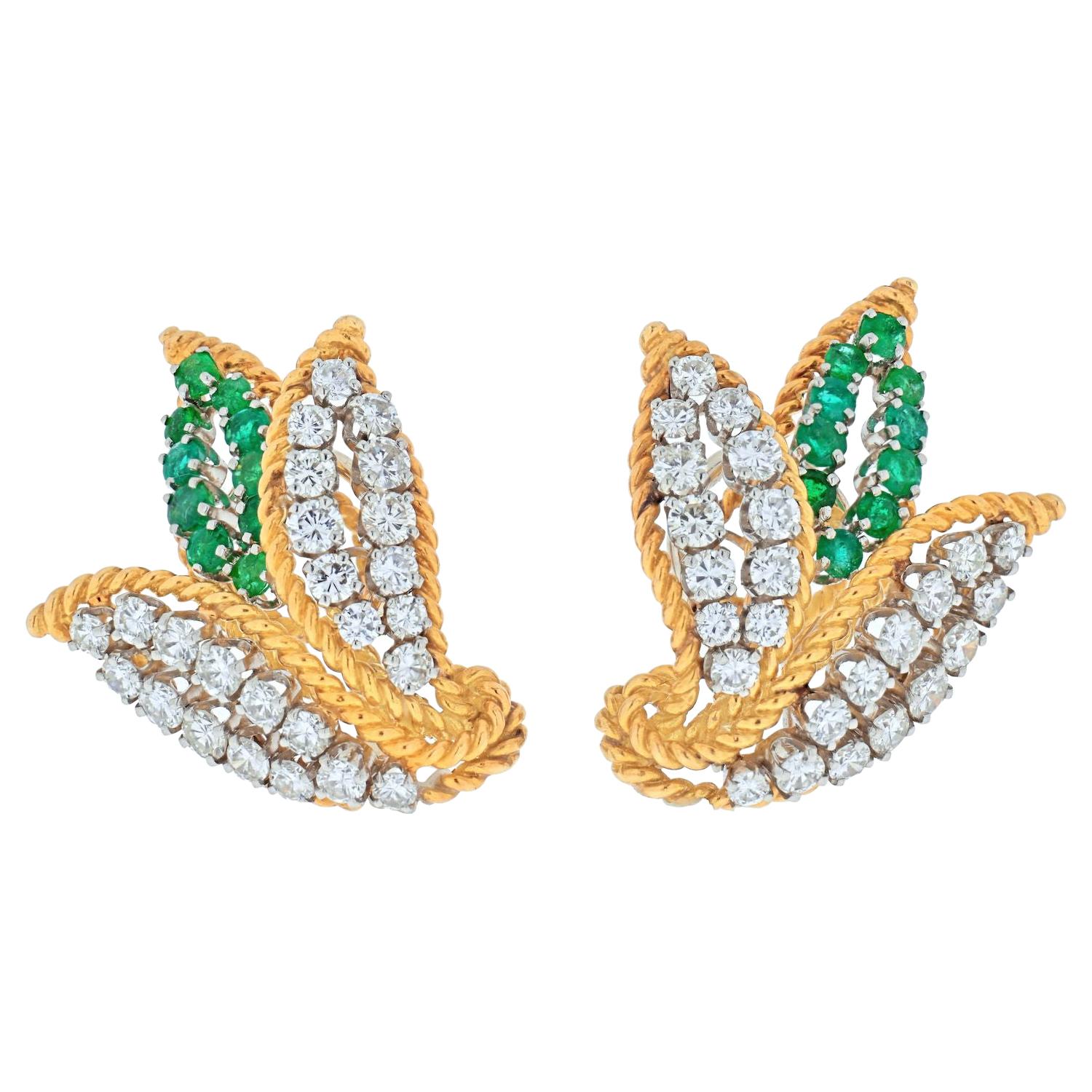 Platinum & 18K Yellow Gold 3 Carats Diamond and Green Emeralds Earrings