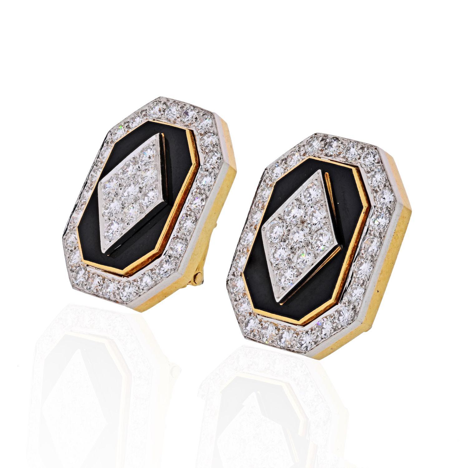 Elegant diamond and black enamel ear-clips by David Webb. Each designed as a black enamel octagonal-shaped plaque, enhanced with circular-cut diamonds, mounted in platinum and 18k gold. 
L: 22mm x 18mm.
