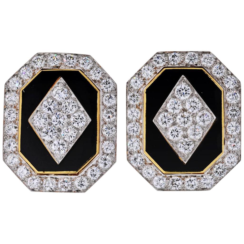 Platinum and 18 Karat Yellow Gold Black Enamel and Diamond Clip-On Earrings