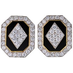Platinum and 18 Karat Yellow Gold Black Enamel and Diamond Clip-On Earrings