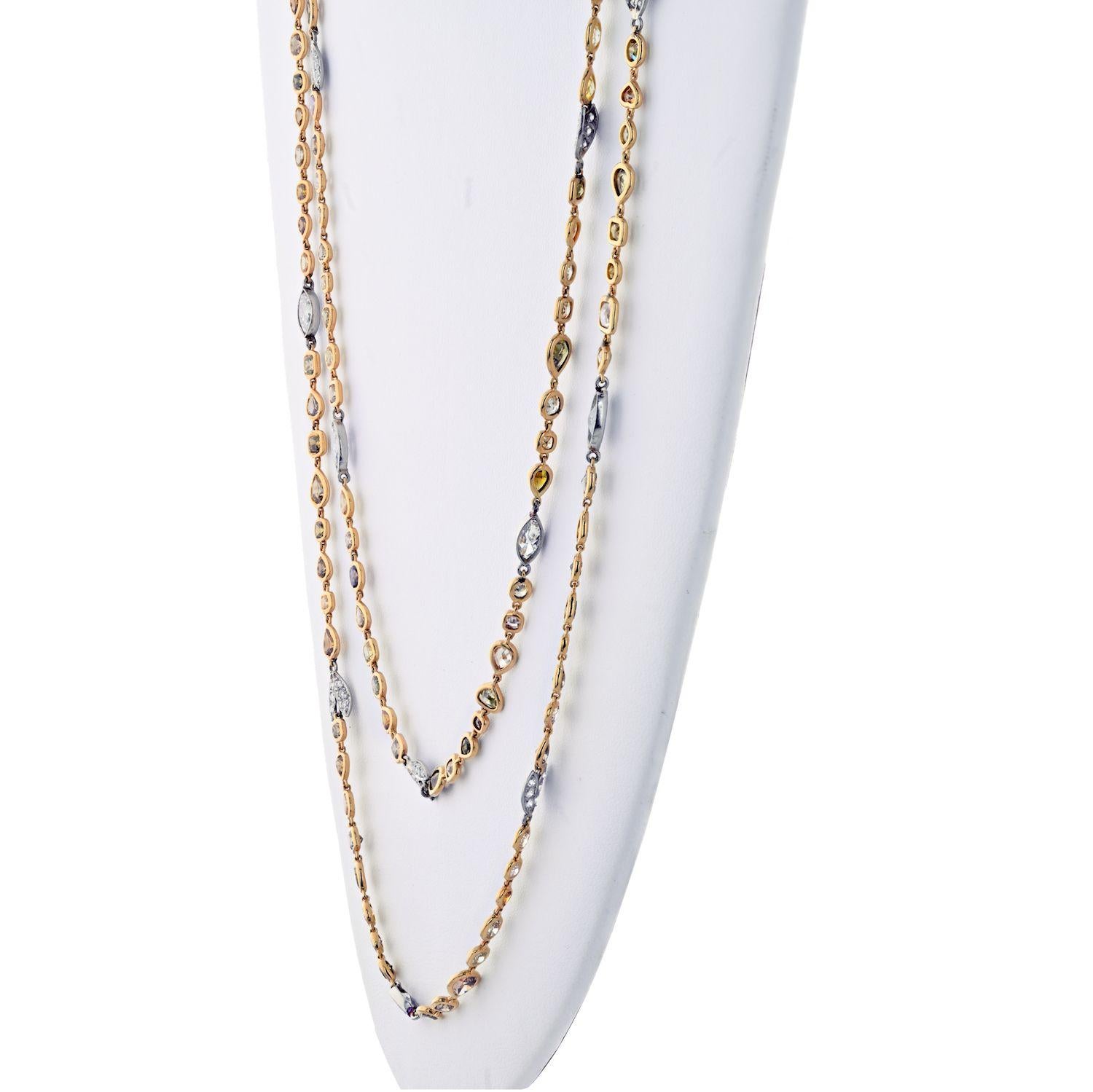 Modern Platinum and 18 Karat Yellow Gold Color and White Diamonds by the Yard Necklace For Sale