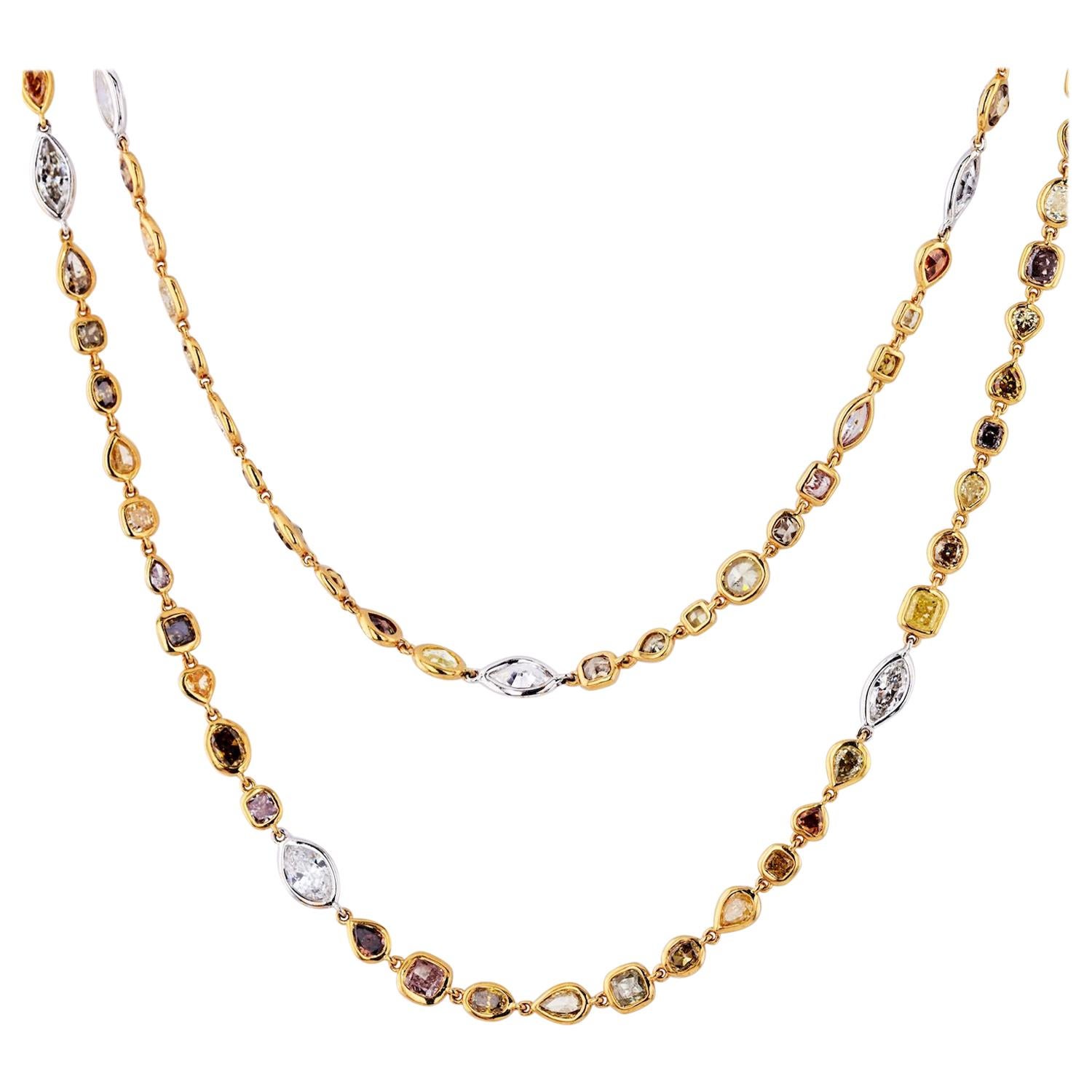 Platinum and 18 Karat Yellow Gold Color and White Diamonds by the Yard Necklace For Sale