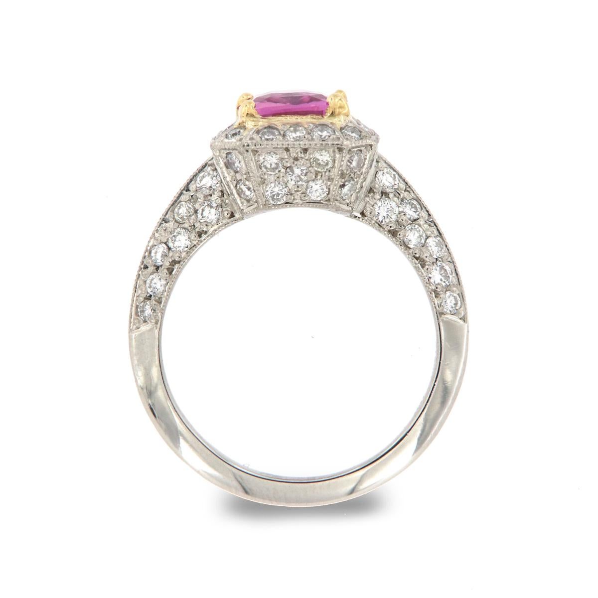 Cushion Cut Platinum and 18 Karat Gold Cushion Pink Sapphire Ring GIA 'Center 1.83 carat'