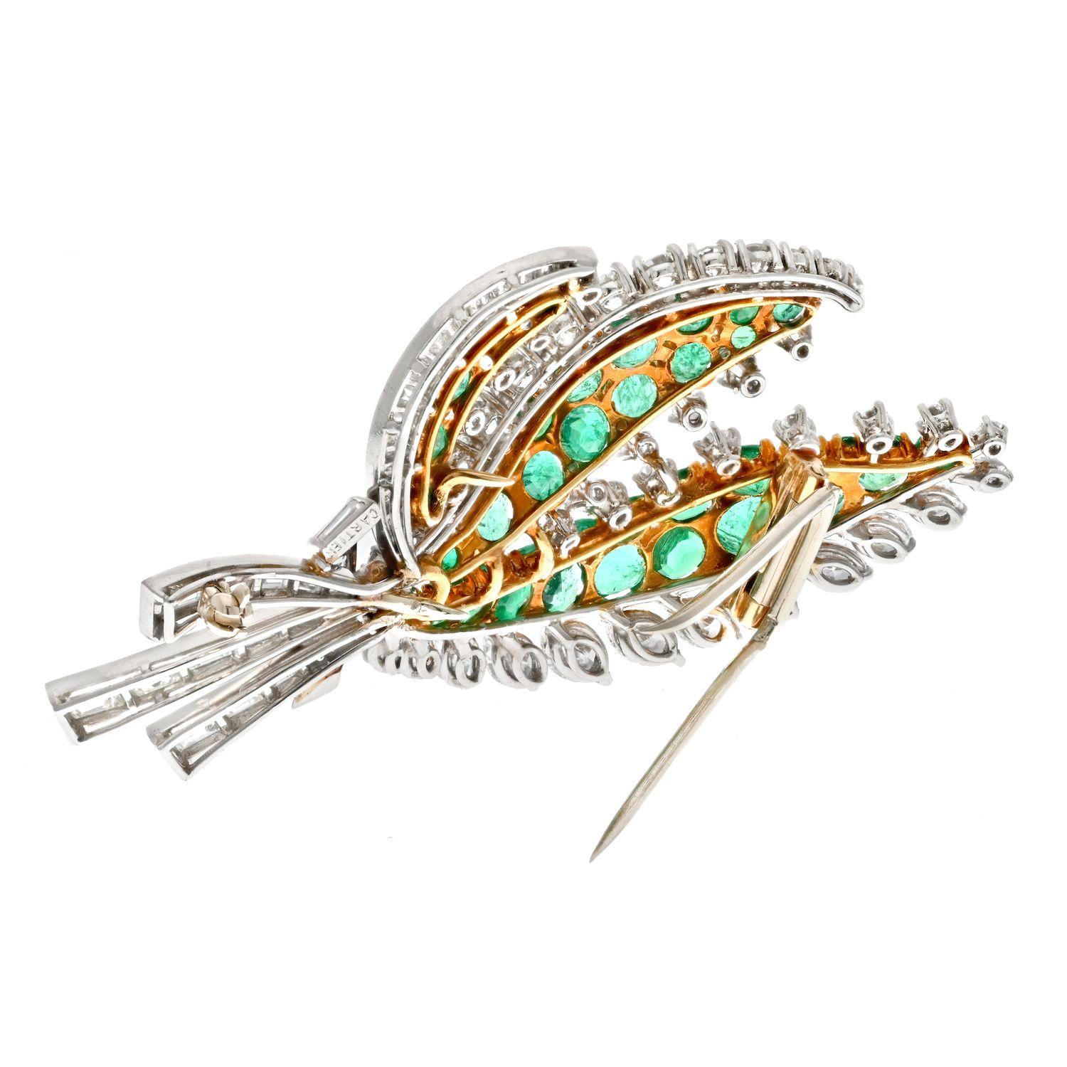 Marquise Cut Platinum & 18k Yellow Gold Diamond and Green Emerald Leaf Brooch