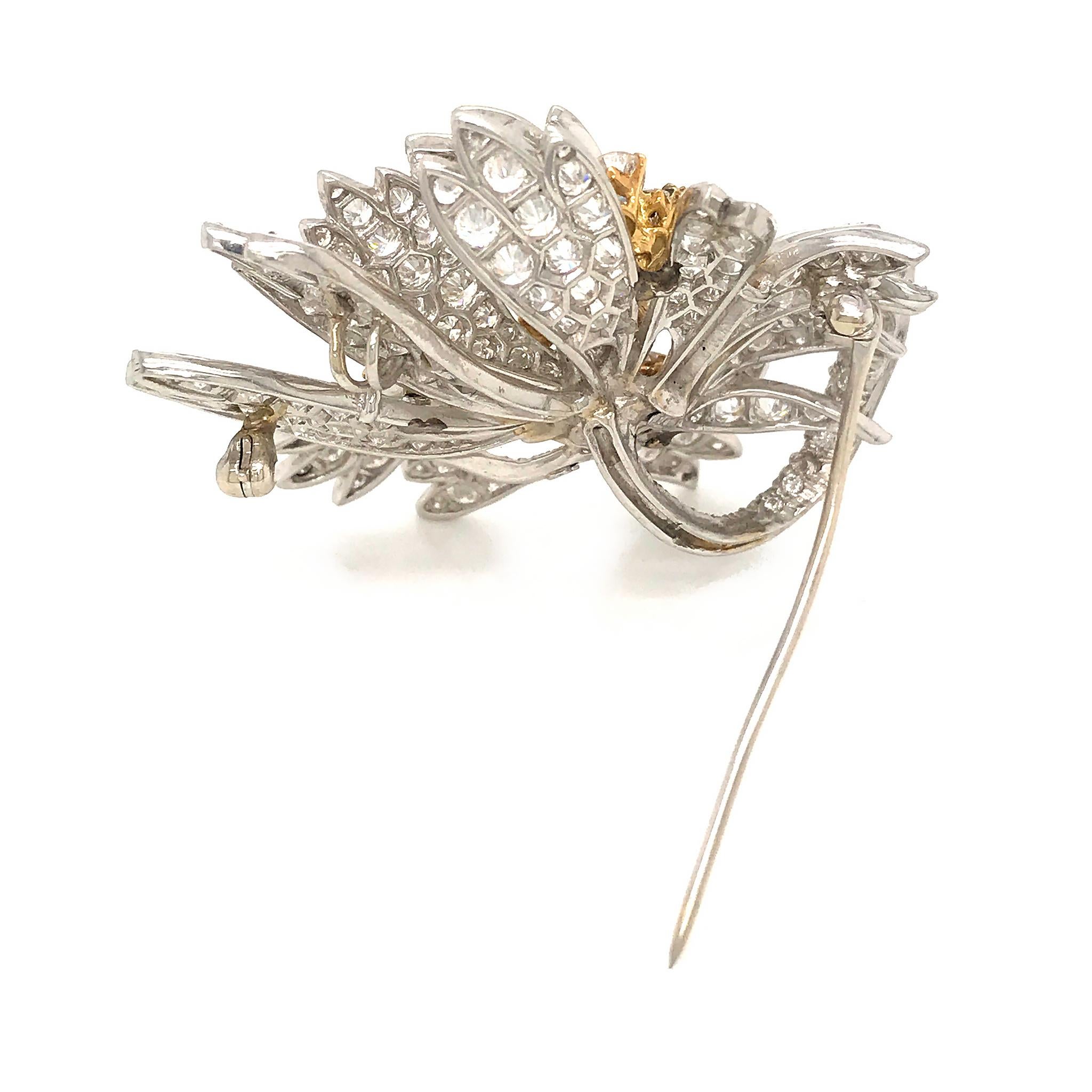 Modern Platinum 18 Karat Yellow Gold Diamond Floral Pin Brooch