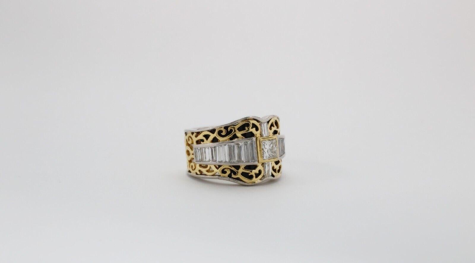 Taille princesse Bague en platine et or jaune 18 carats avec diamants, taille 9,75 - 21,1 g en vente