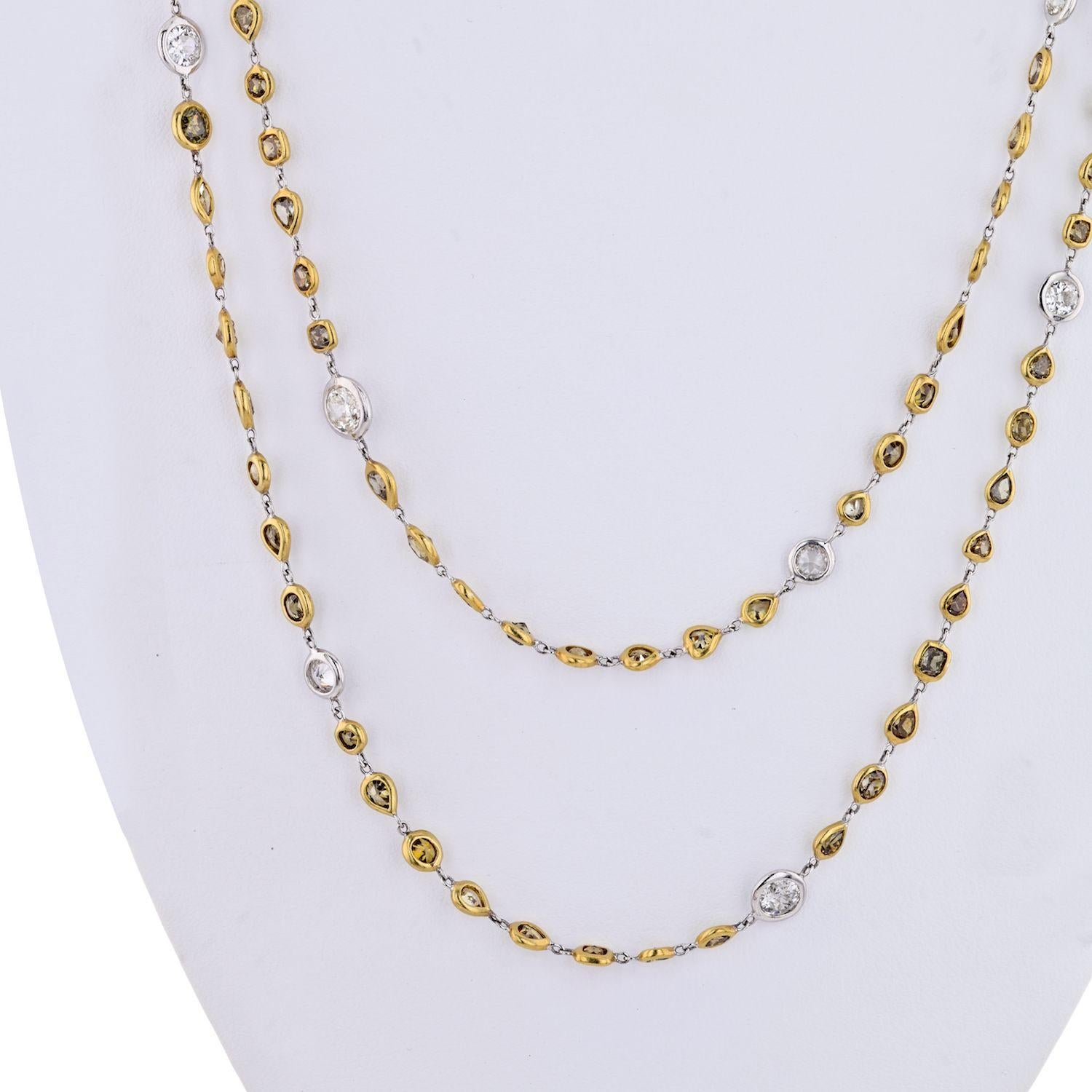 Handmade diamond by the yard crafted with our own jewelers. 
56 inches long that you can wrap around your neck 2-3 times. 
Lovely fancy shapes in yellow and white diamonds. 
Natural fancy diamonds, and natural white diamonds. 
All of VS-SI clarity,