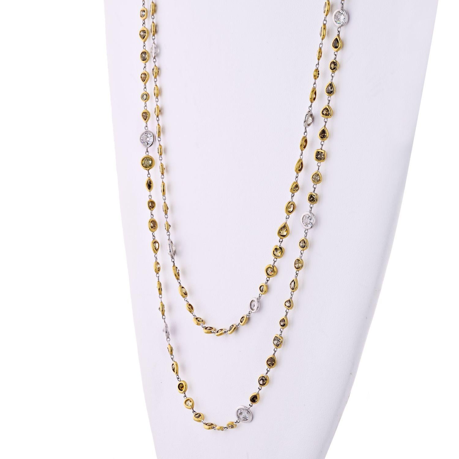 Modern Platinum and 18k Yellow Gold Fancy Color and White Diamonds by the Yard Necklace For Sale