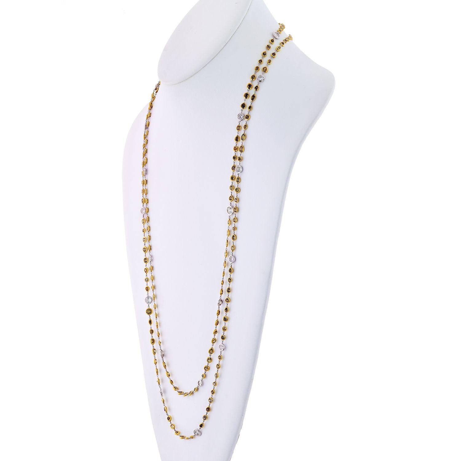 Oval Cut Platinum and 18k Yellow Gold Fancy Color and White Diamonds by the Yard Necklace For Sale