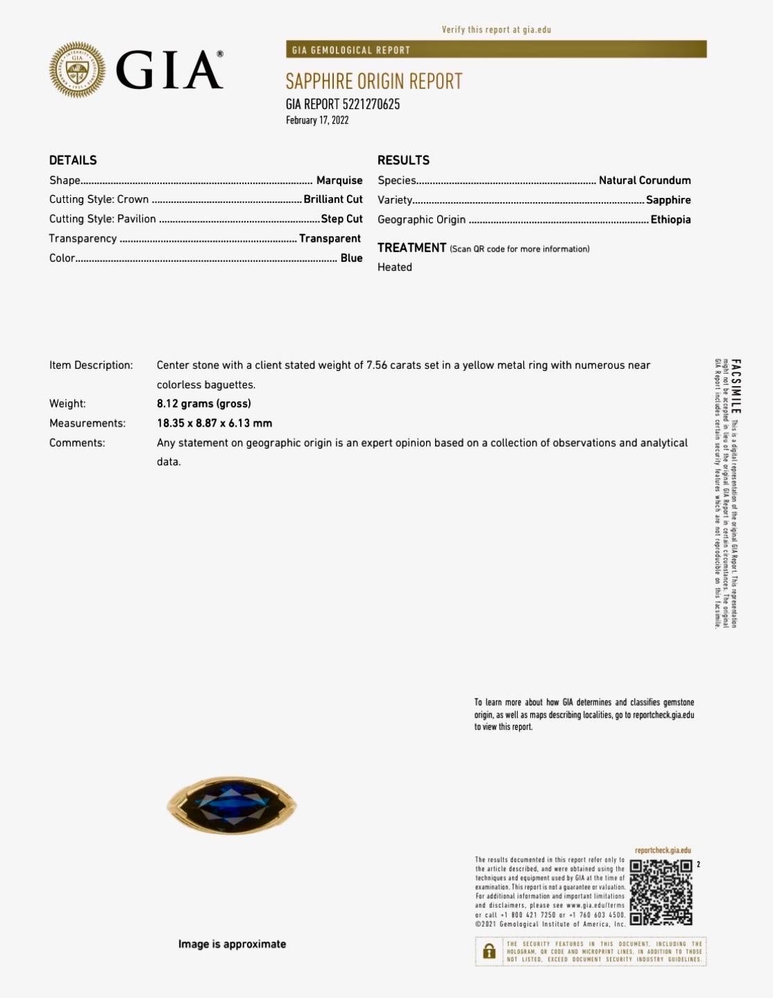 Anillo de platino y oro amarillo de 18 quilates con certificado GIA de 7,56 quilates de zafiro azul marquesa en venta 3