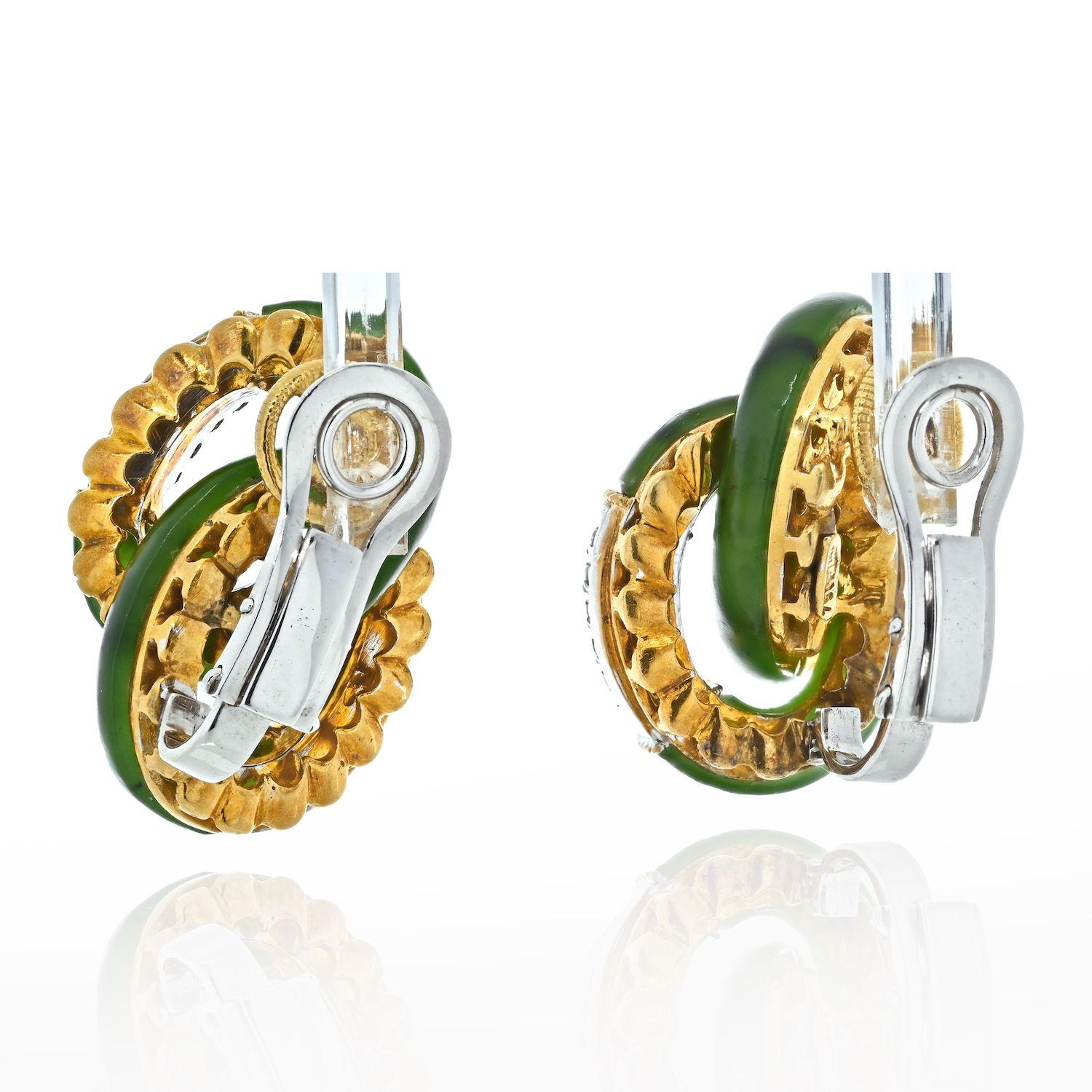 Modern Platinum & 18K Yellow Gold Jade and Diamond Interlocking Hoop Vintage Earrings