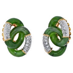 Platinum & 18K Yellow Gold Jade and Diamond Interlocking Hoop Vintage Earrings