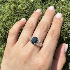 Platinum & 18k Yellow Gold Large 3.66ctw Dark Blue Sapphire Diamond Accents Ring