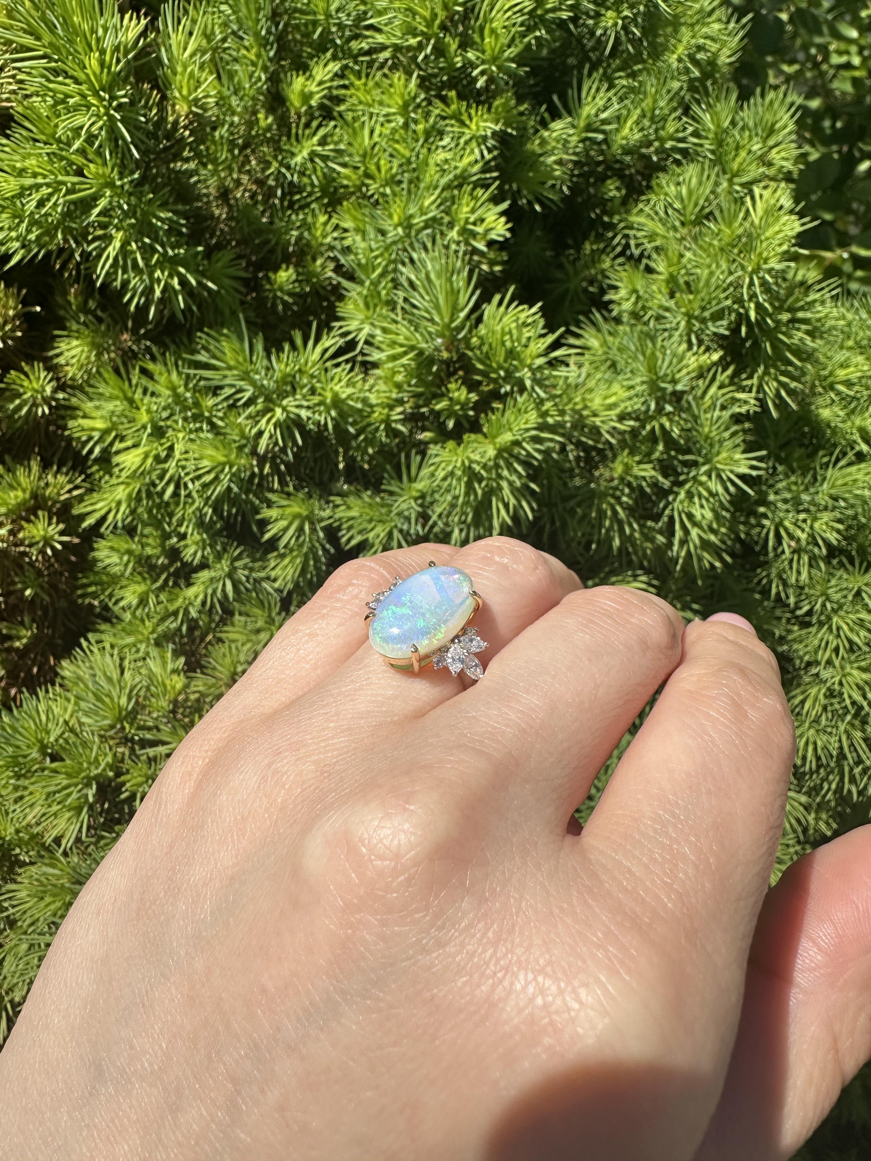 Platinum & 18k Yellow Gold Large Oval Opal w/ Diamond Spray Side Ring For Sale 5