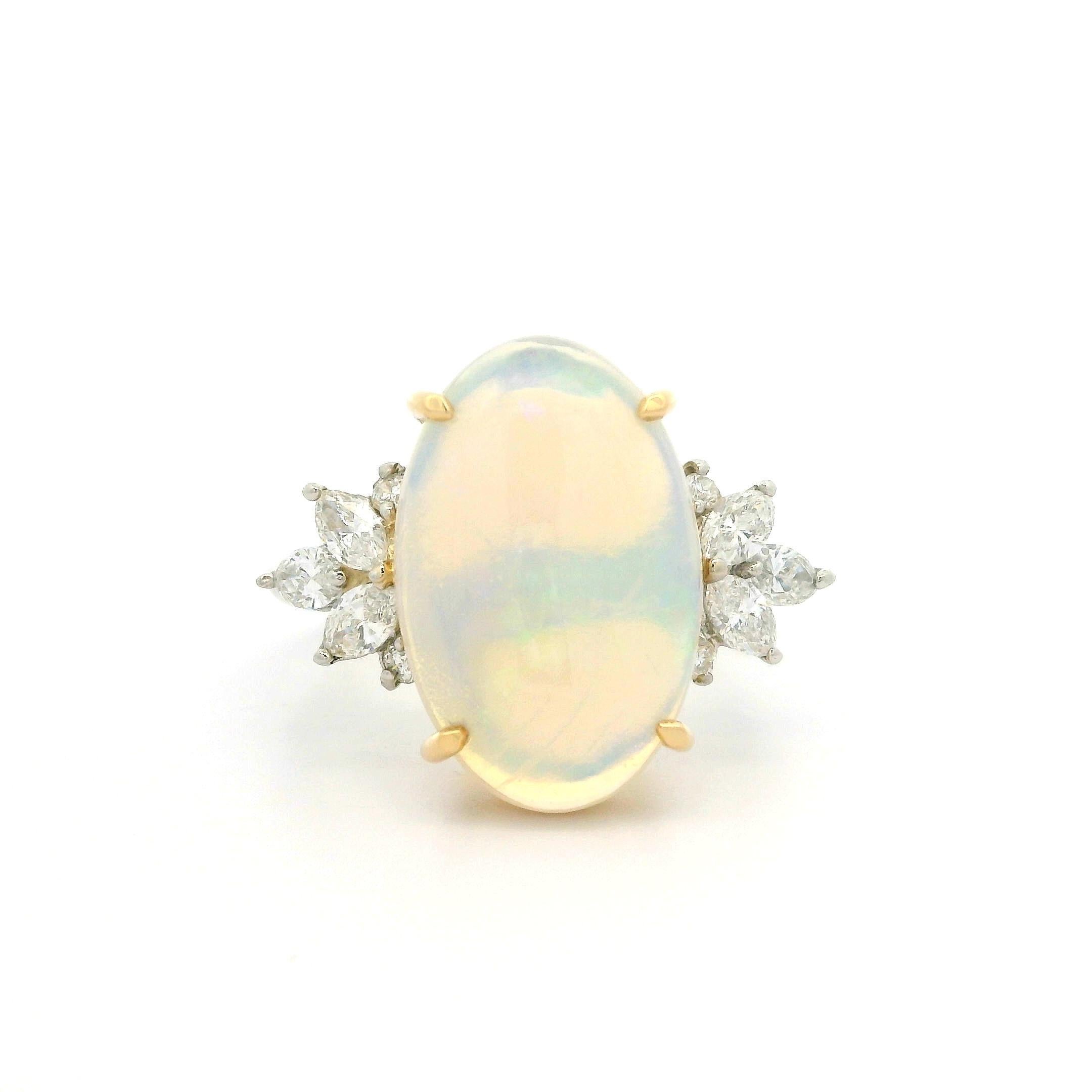 Platinum & 18k Yellow Gold Large Oval Opal w/ Diamond Spray Side Ring For Sale 8