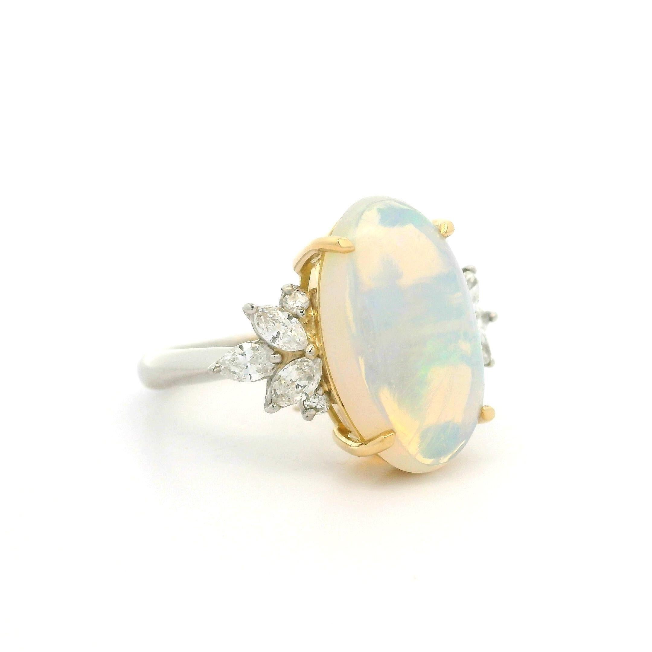 Platinum & 18k Yellow Gold Large Oval Opal w/ Diamond Spray Side Ring For Sale 9