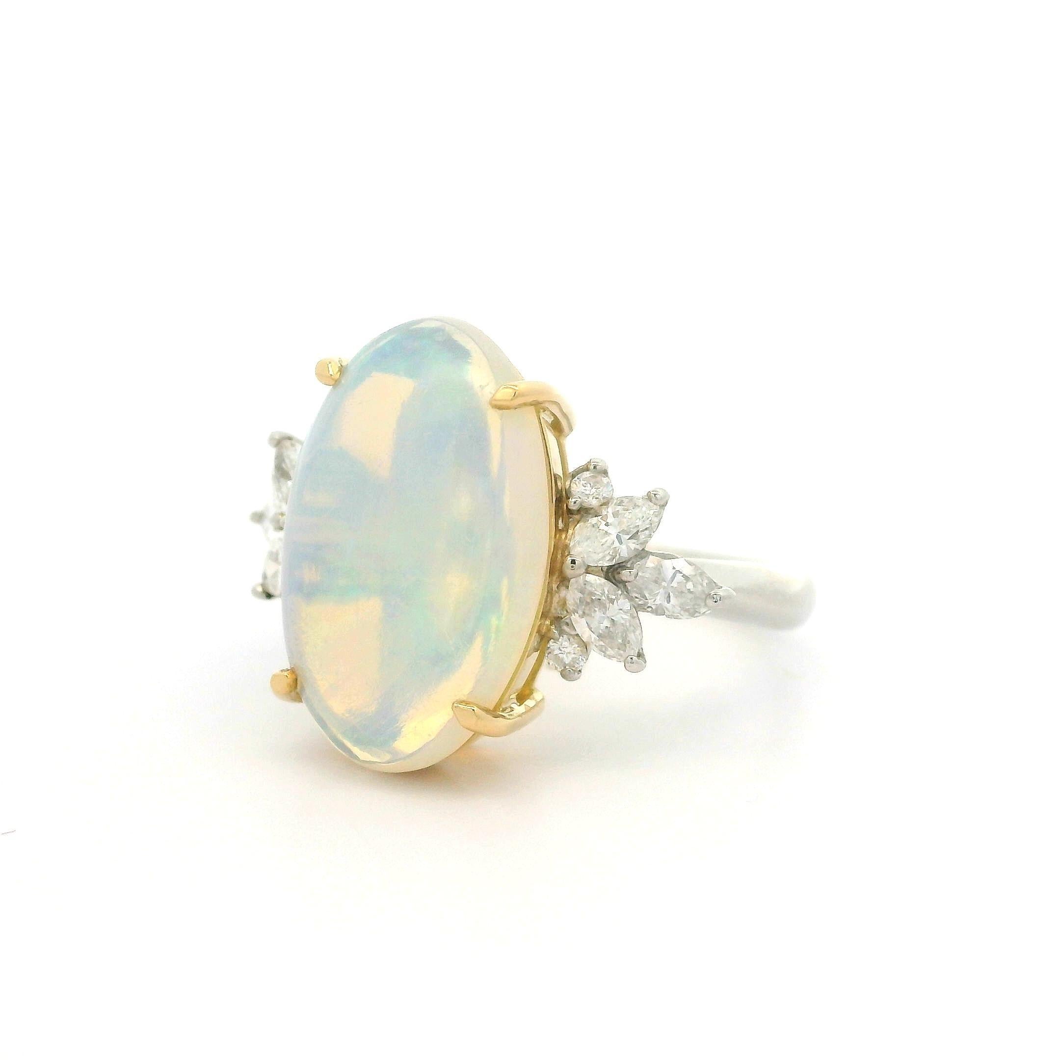 Platinum & 18k Yellow Gold Large Oval Opal w/ Diamond Spray Side Ring For Sale 10