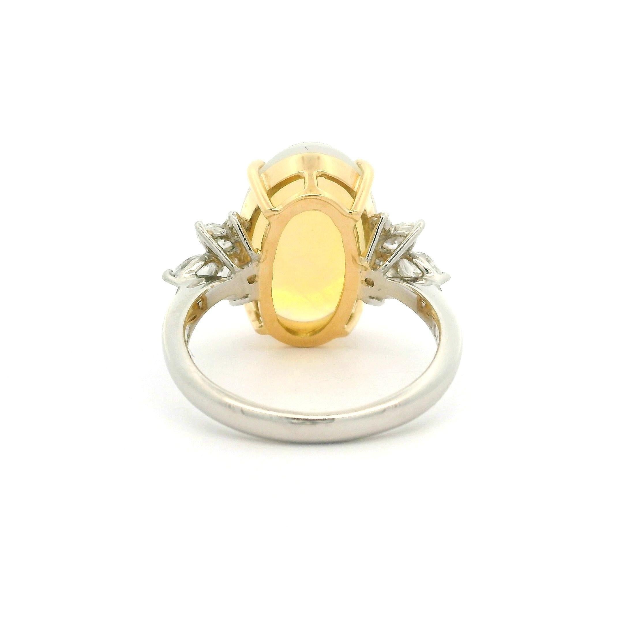 Cabochon Platinum & 18k Yellow Gold Large Oval Opal w/ Diamond Spray Side Ring For Sale
