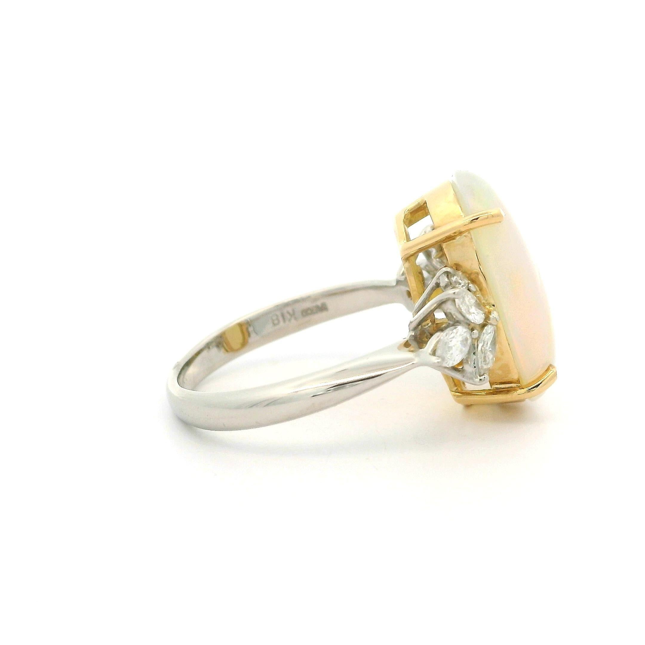 Platinum & 18k Yellow Gold Large Oval Opal w/ Diamond Spray Side Ring In Excellent Condition For Sale In Montclair, NJ
