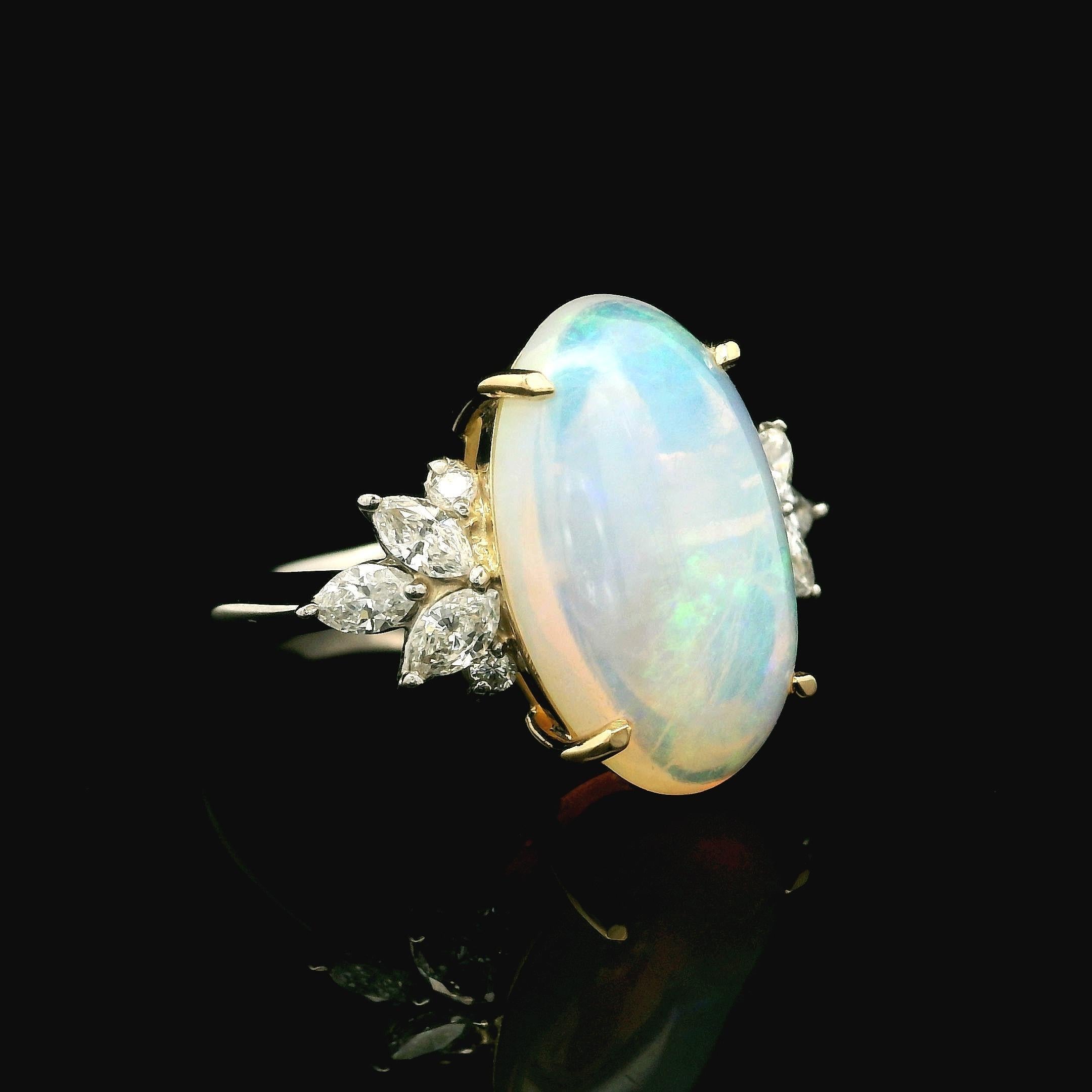 Women's Platinum & 18k Yellow Gold Large Oval Opal w/ Diamond Spray Side Ring For Sale