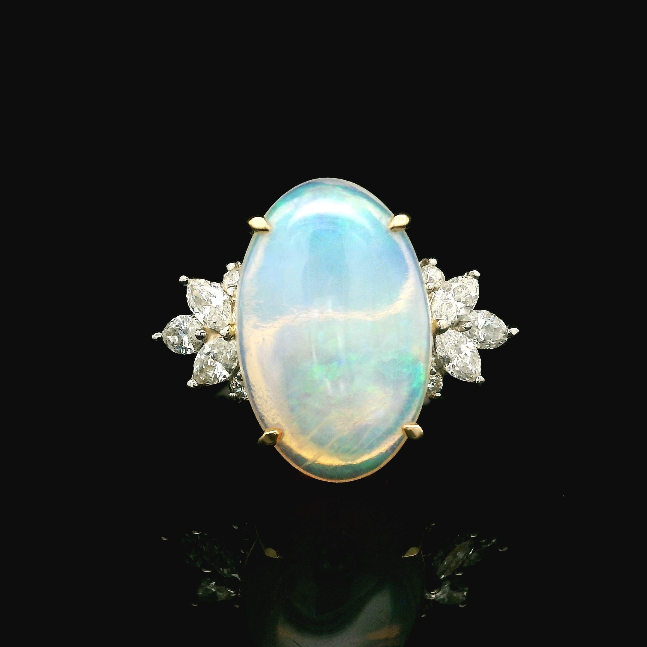 Platinum & 18k Yellow Gold Large Oval Opal w/ Diamond Spray Side Ring For Sale 1