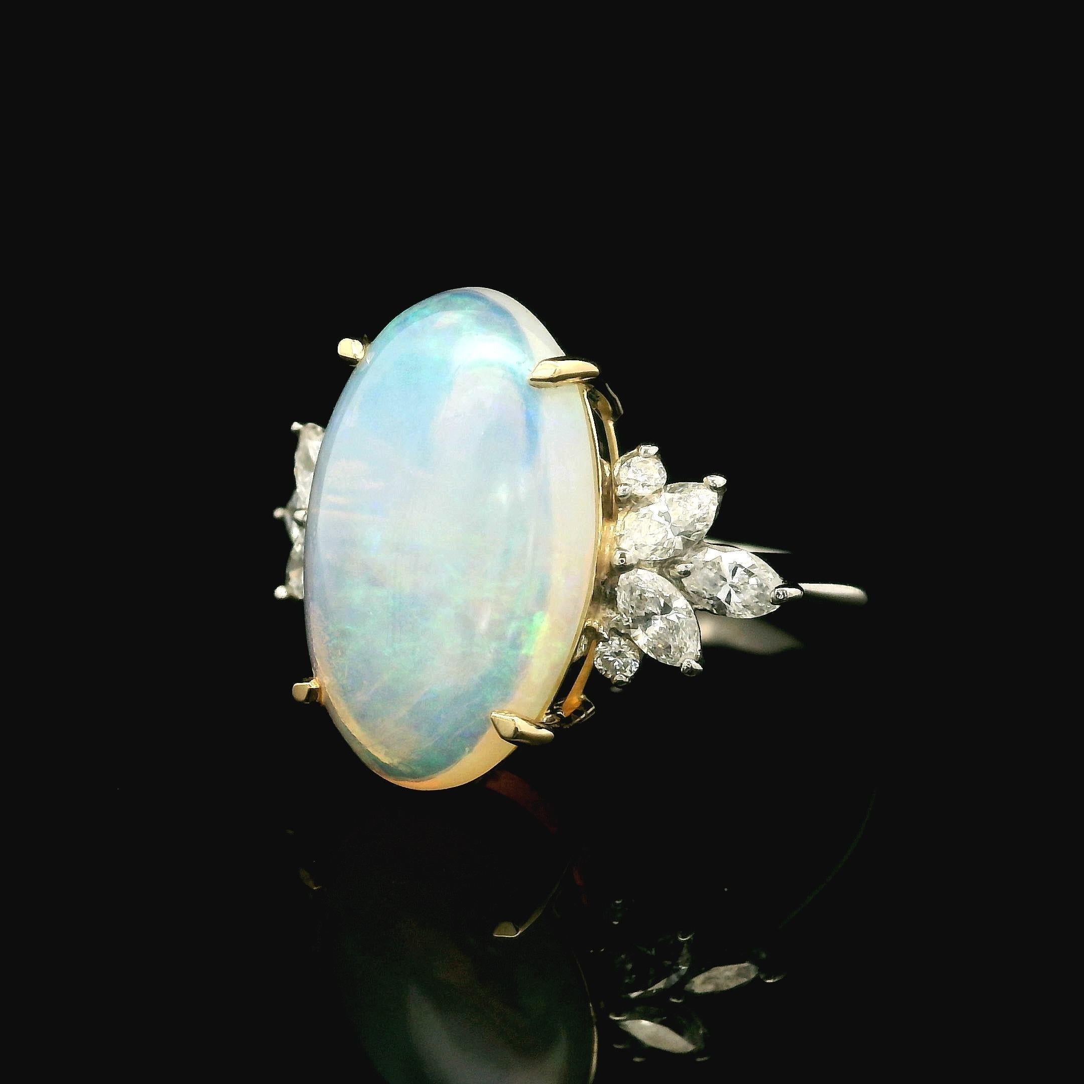 Platinum & 18k Yellow Gold Large Oval Opal w/ Diamond Spray Side Ring For Sale 2