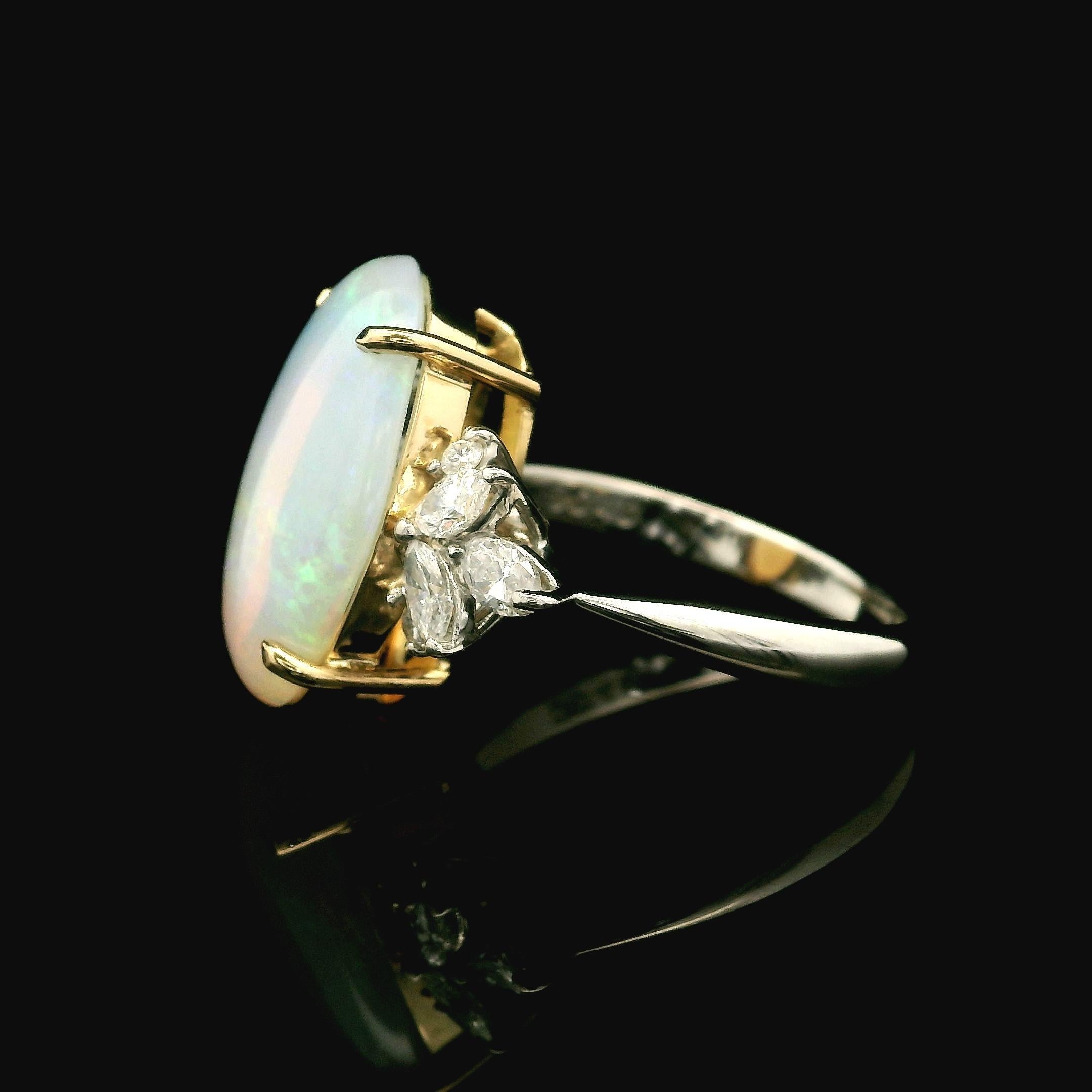 Platinum & 18k Yellow Gold Large Oval Opal w/ Diamond Spray Side Ring For Sale 3