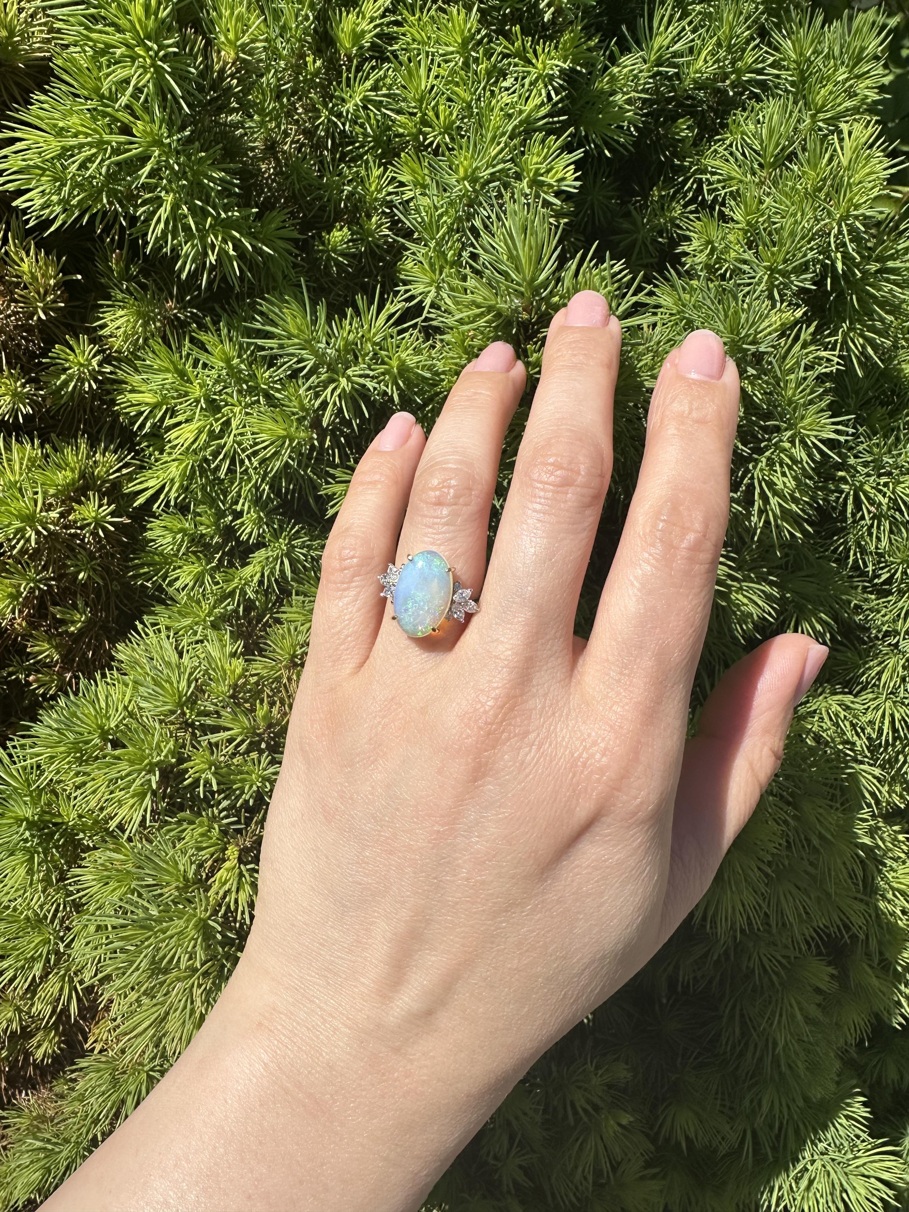 Platinum & 18k Yellow Gold Large Oval Opal w/ Diamond Spray Side Ring For Sale 4